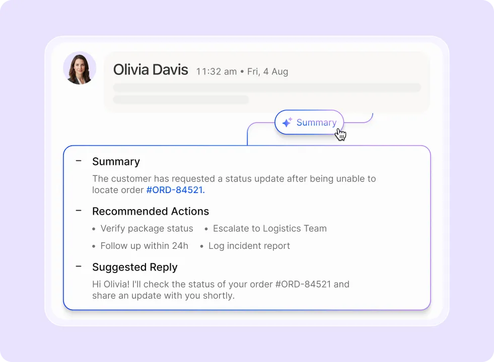 Customer support chat from Olivia Davis with order update summary, recommended actions, and suggested reply.