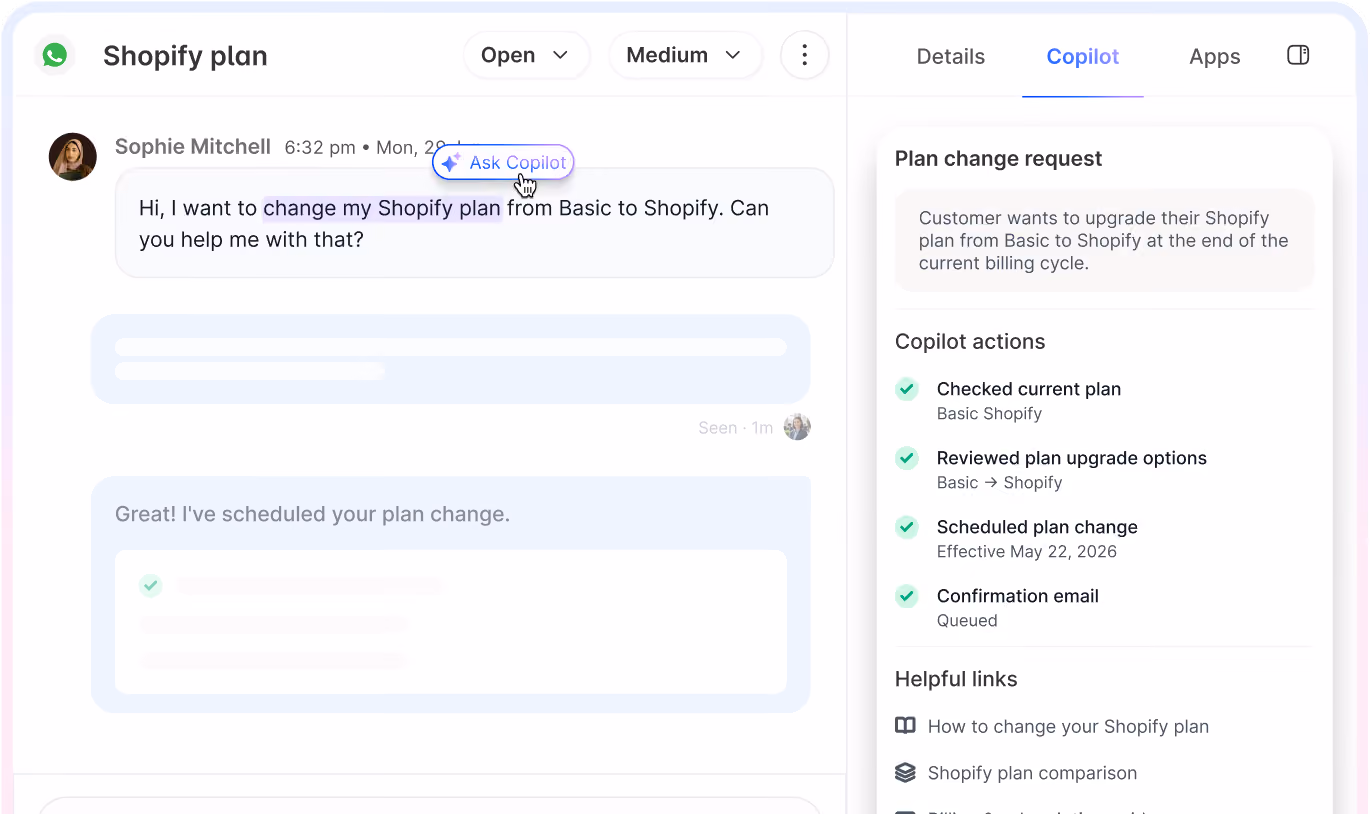 Chat interface showing a customer requesting Shopify plan change from Basic to Shopify with Copilot actions listed.
