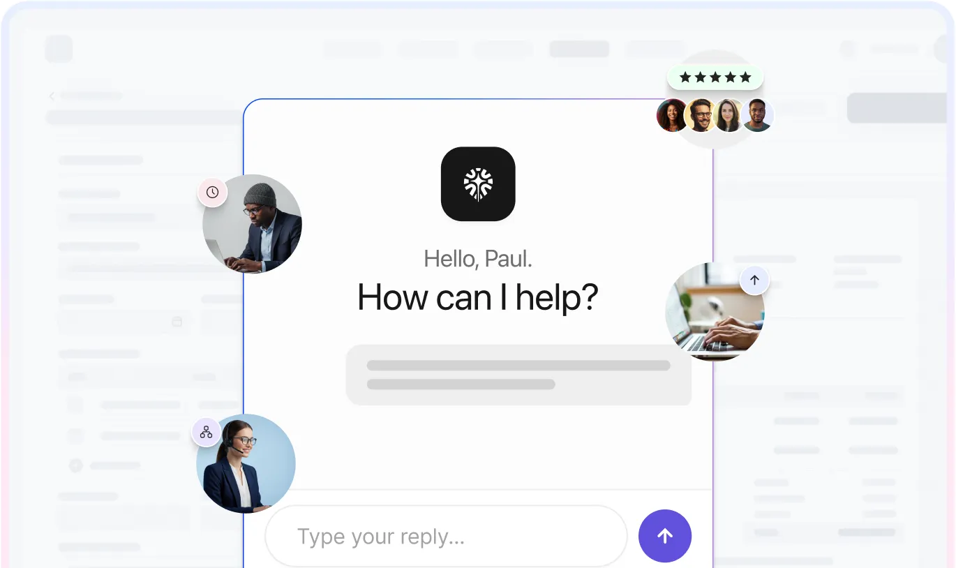 Chat interface greeting Paul with 'How can I help?' and images of diverse users around the chat window.