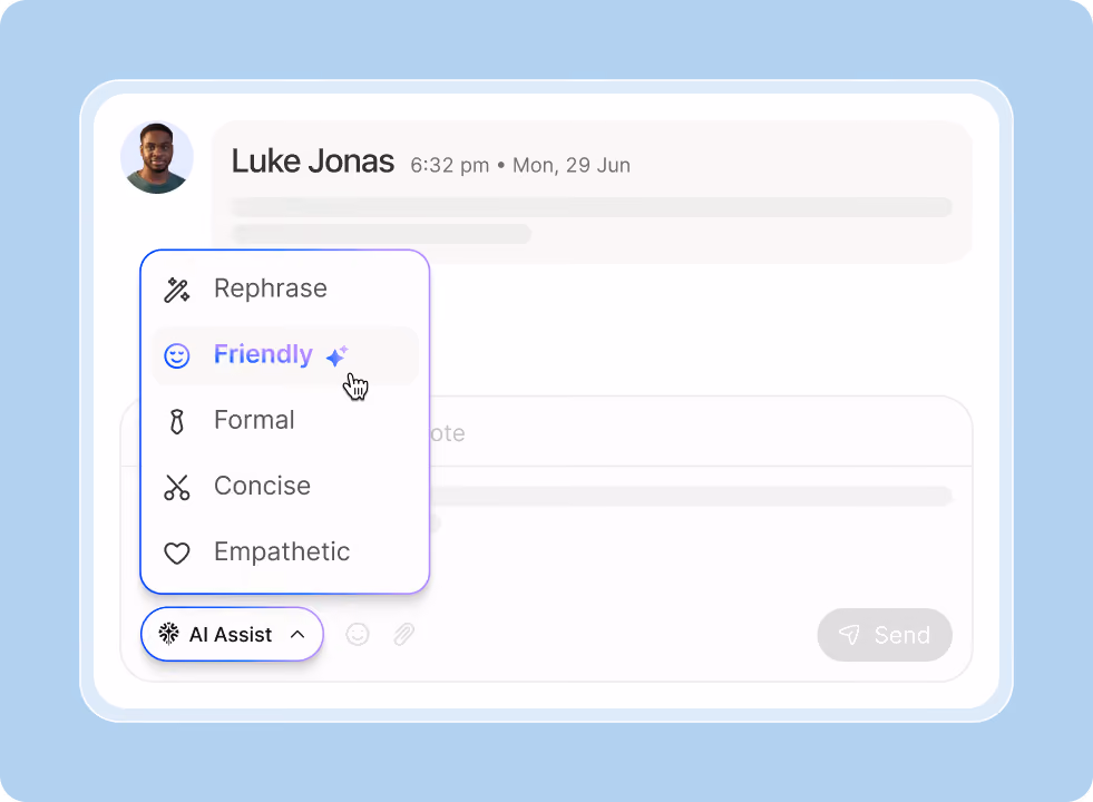 Chat interface with user Luke Jonas, showing AI Assist menu with rephrase tones: Friendly, Formal, Concise, Empathetic.