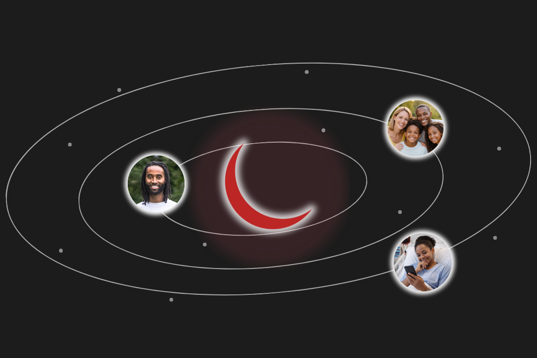 People connected around a central sickle cell symbol, representing a community of individuals and families affected by sickle cell disease