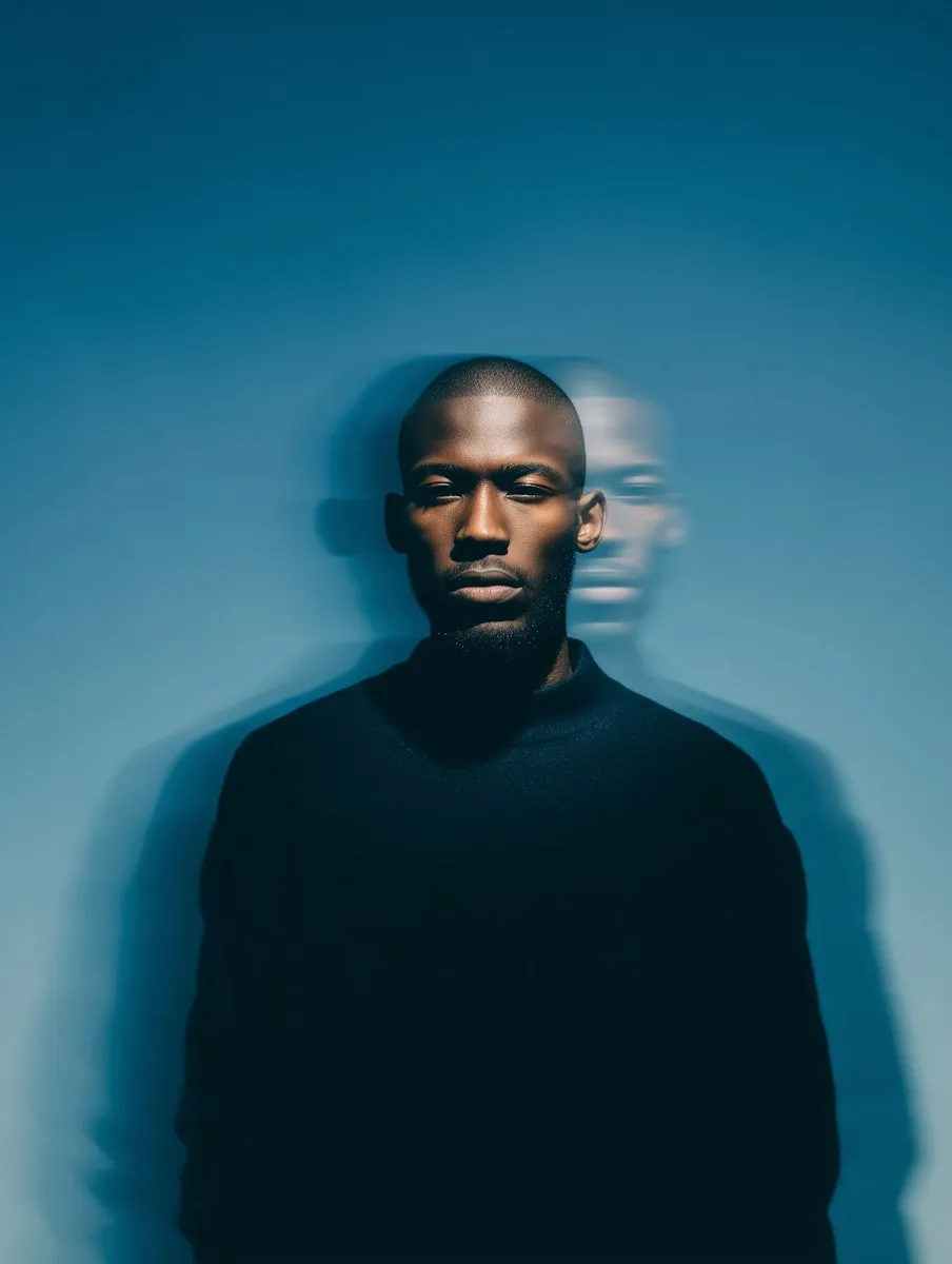 A man standing in front of a blue wall.