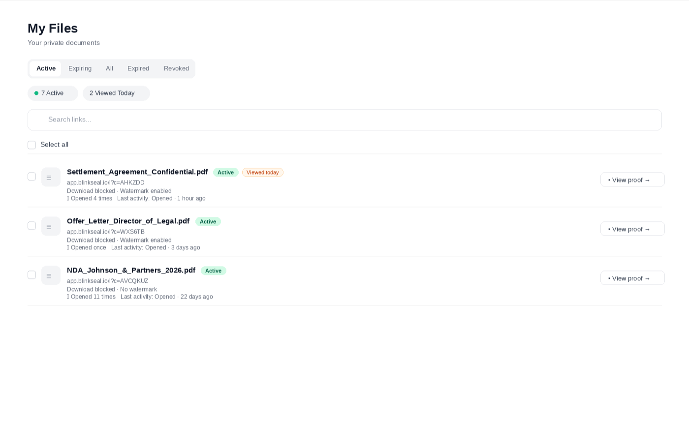 BlinkSeal My Files dashboard