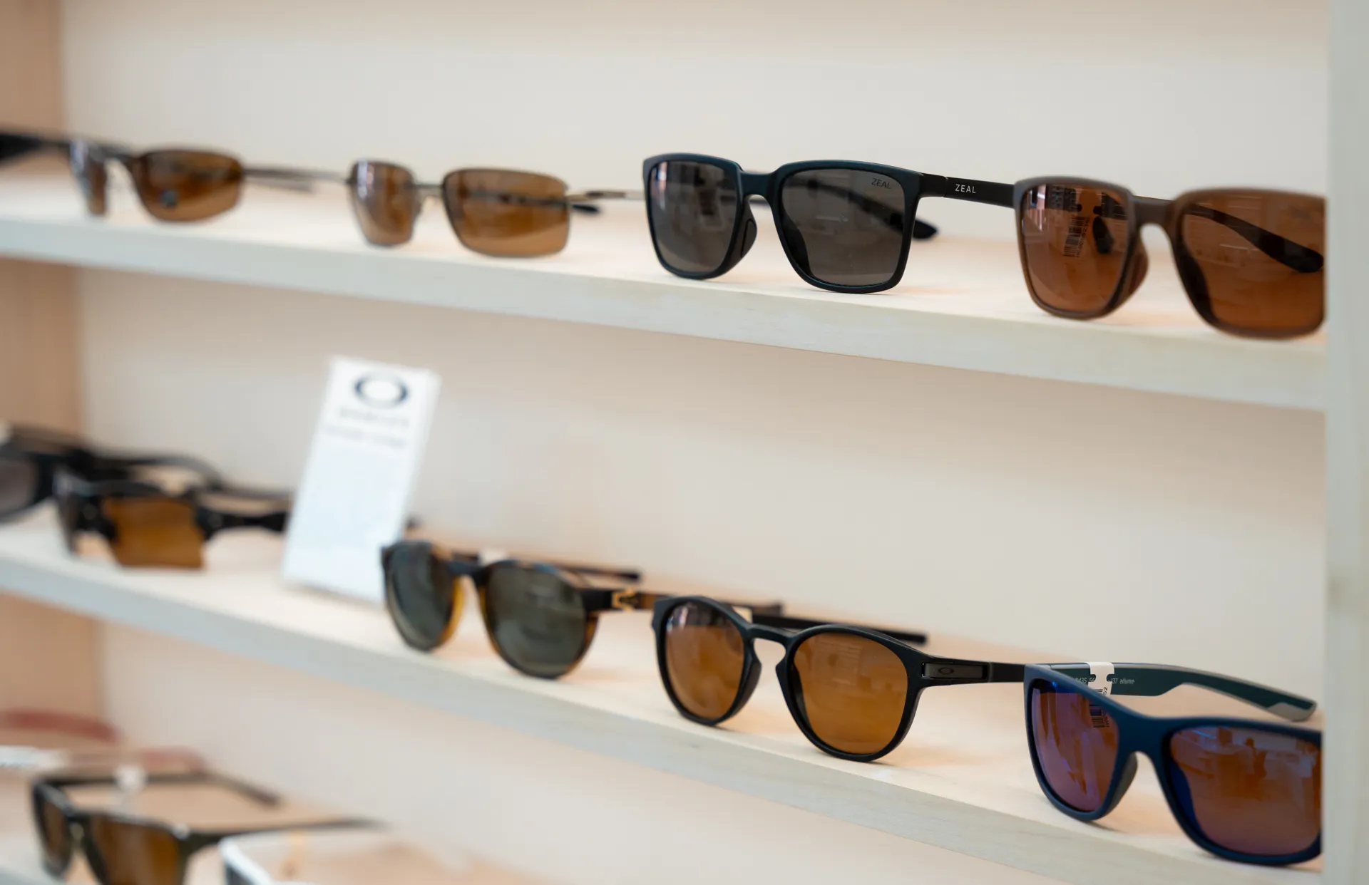 Rows of various sunglasses displayed on light wood shelves in a store.
