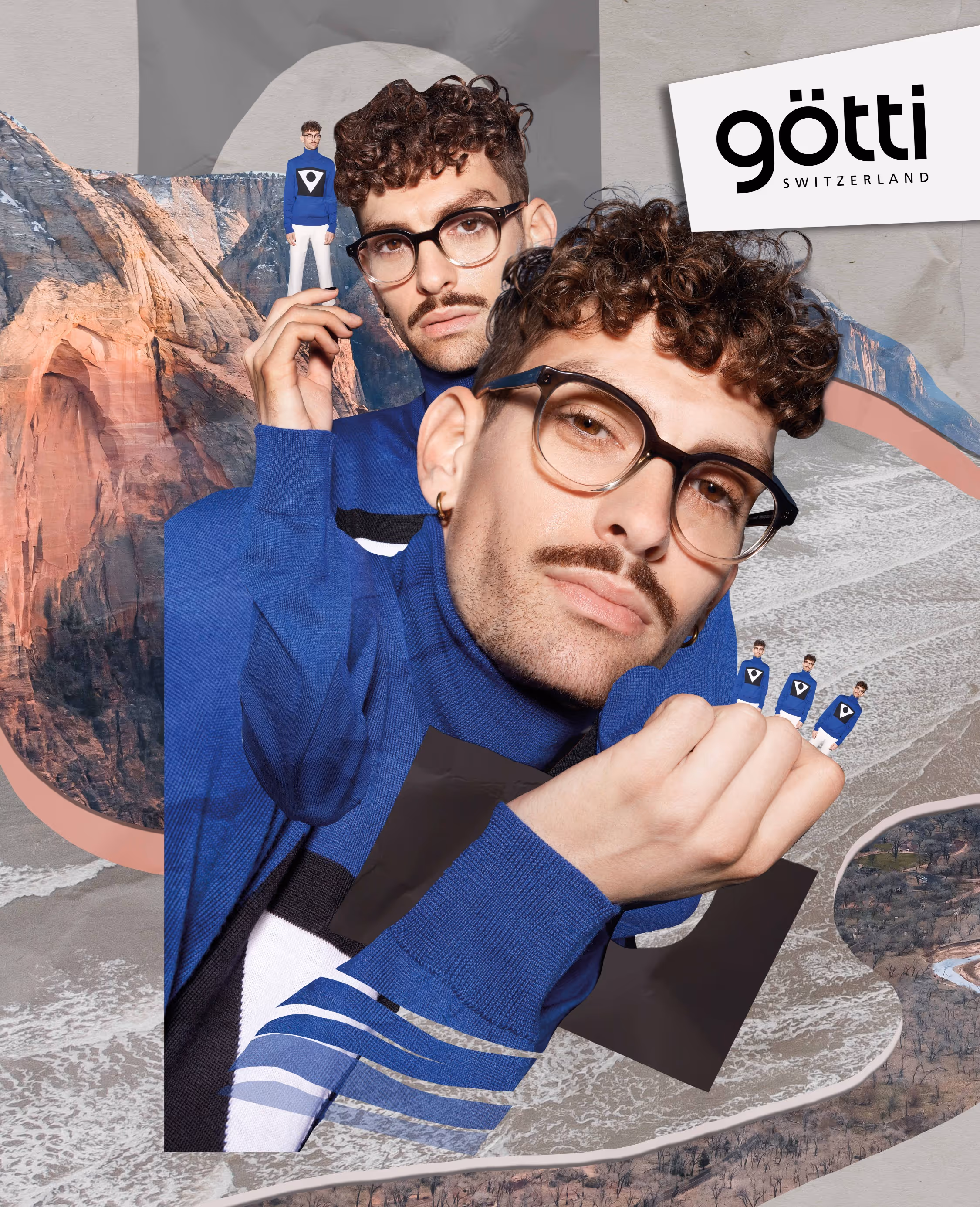 Man with curly hair and mustache wearing glasses and blue sweater in a surreal collage with mini versions of himself.