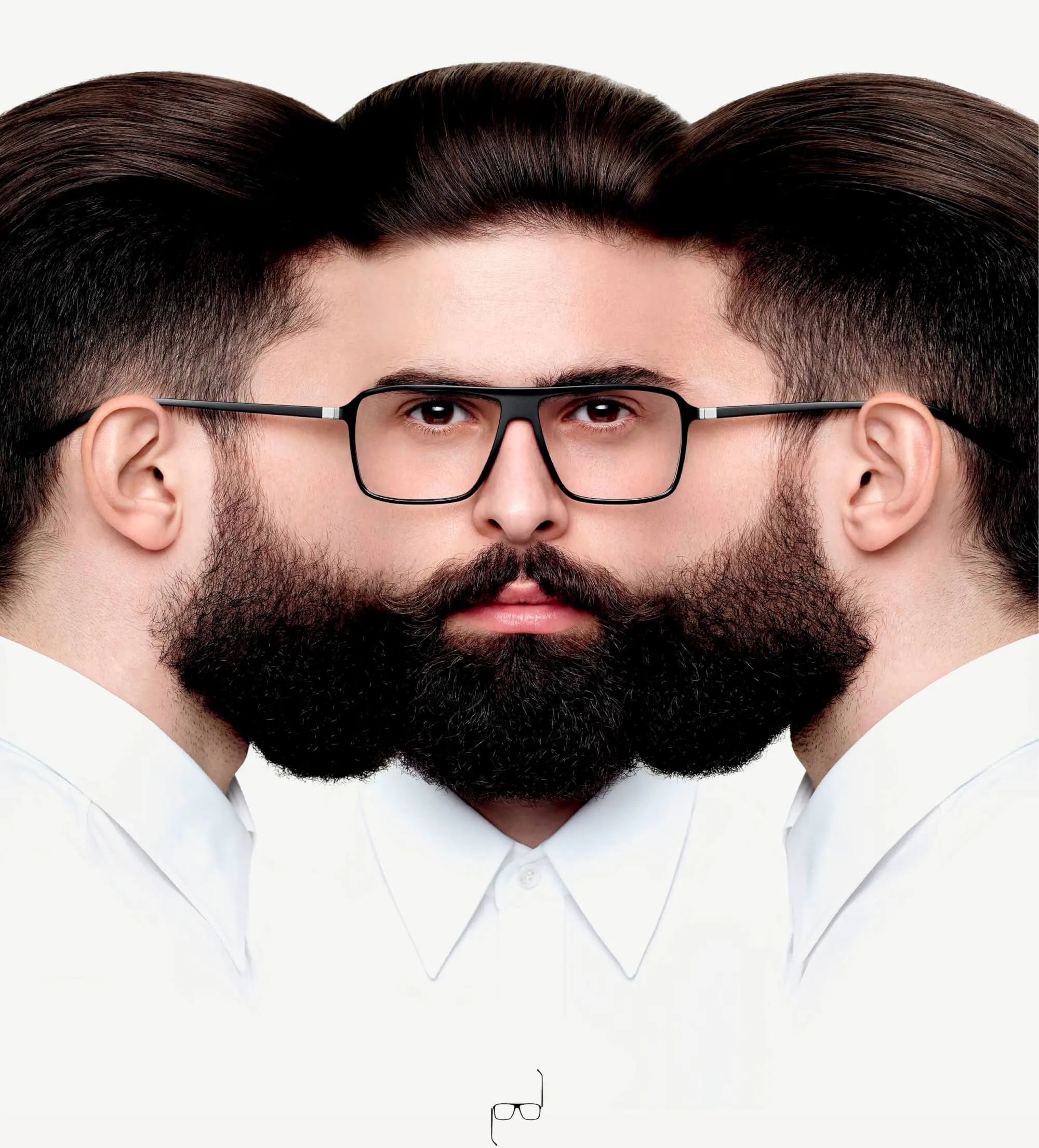 Man with black glasses and beard showing three facial angles: front and both side profiles.