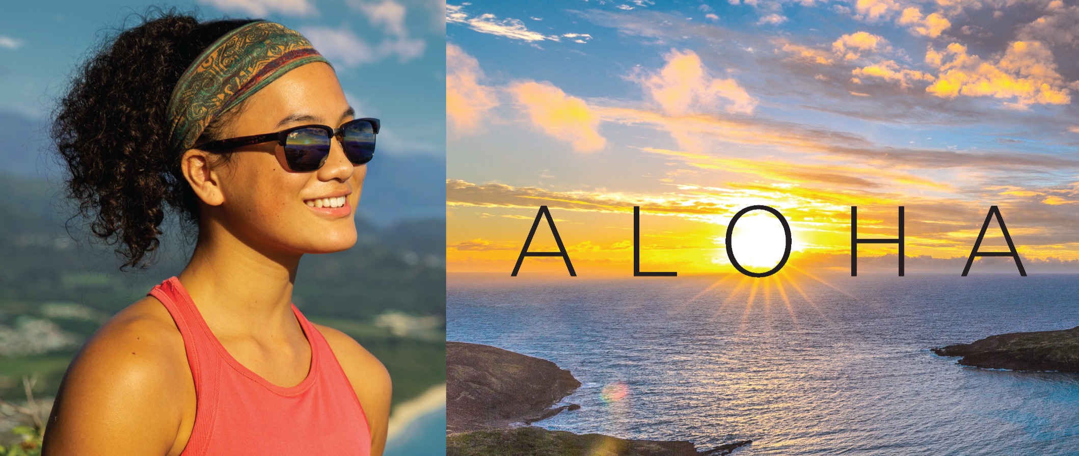 Woman with sunglasses and headband smiling outdoors at sunset over ocean with ALOHA text.