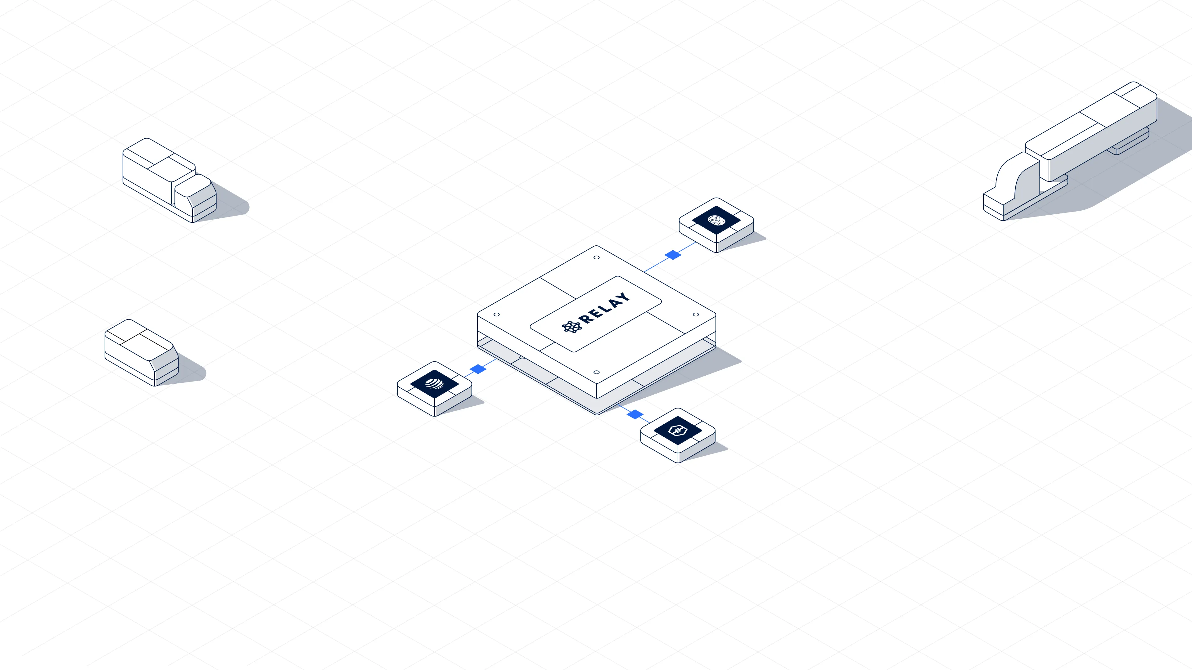 Central Relay device connected to three smaller devices with distinct icons on a grid background.