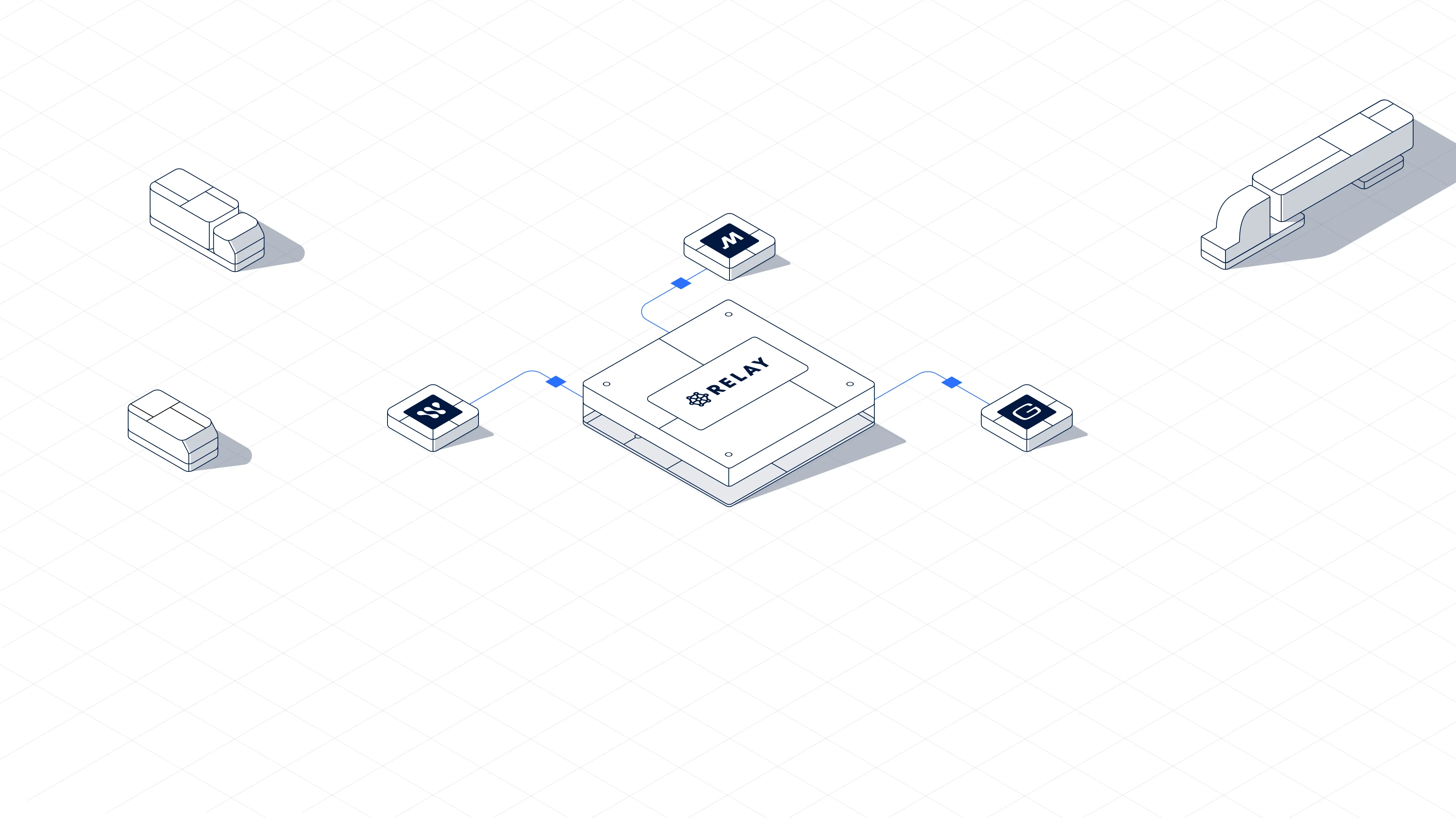 Isometric illustration of a central device labeled Relay connected to three smaller devices with different logos.