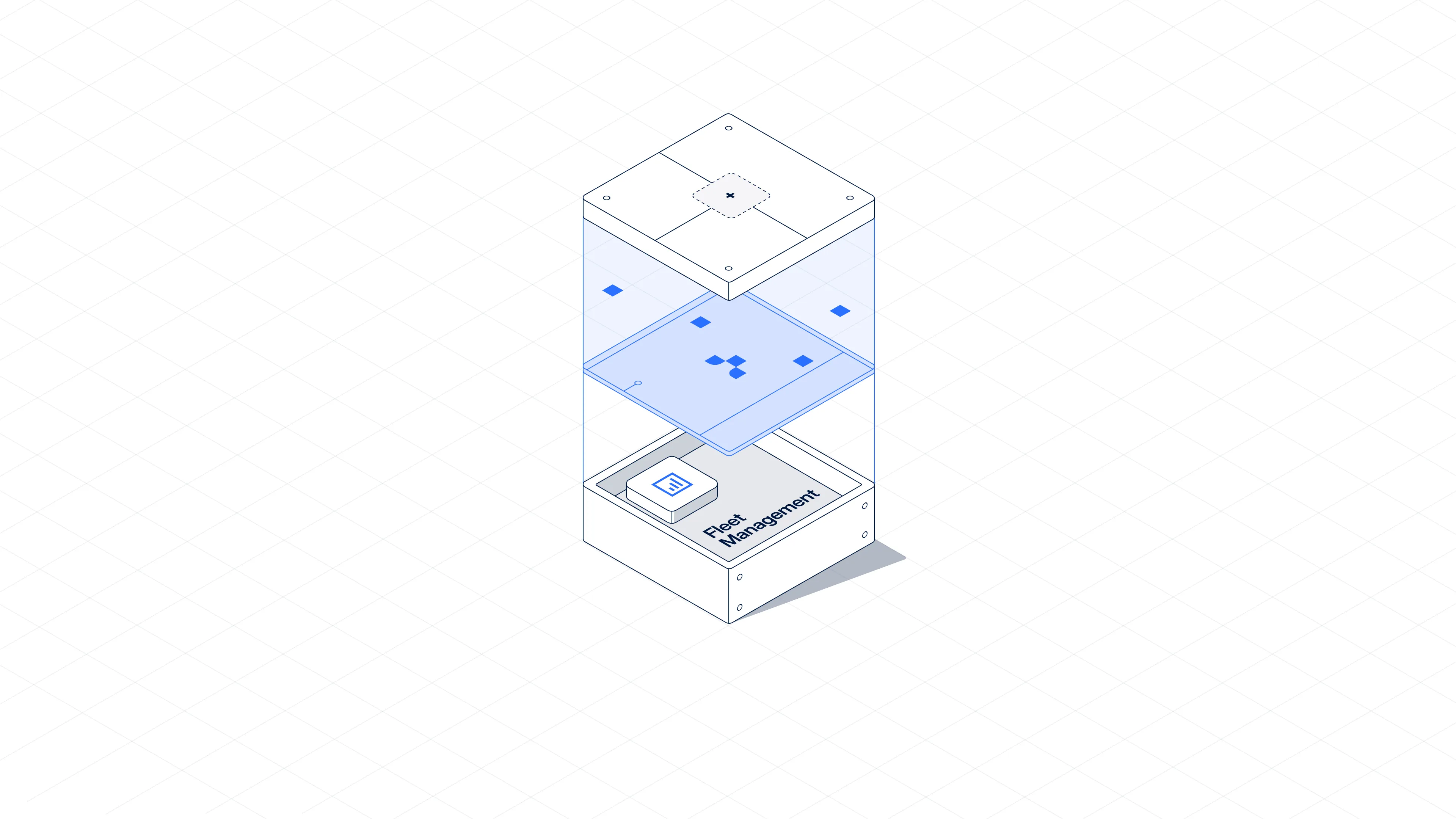 Isometric illustration of a layered box labeled Fleet Management with digital data points above it.