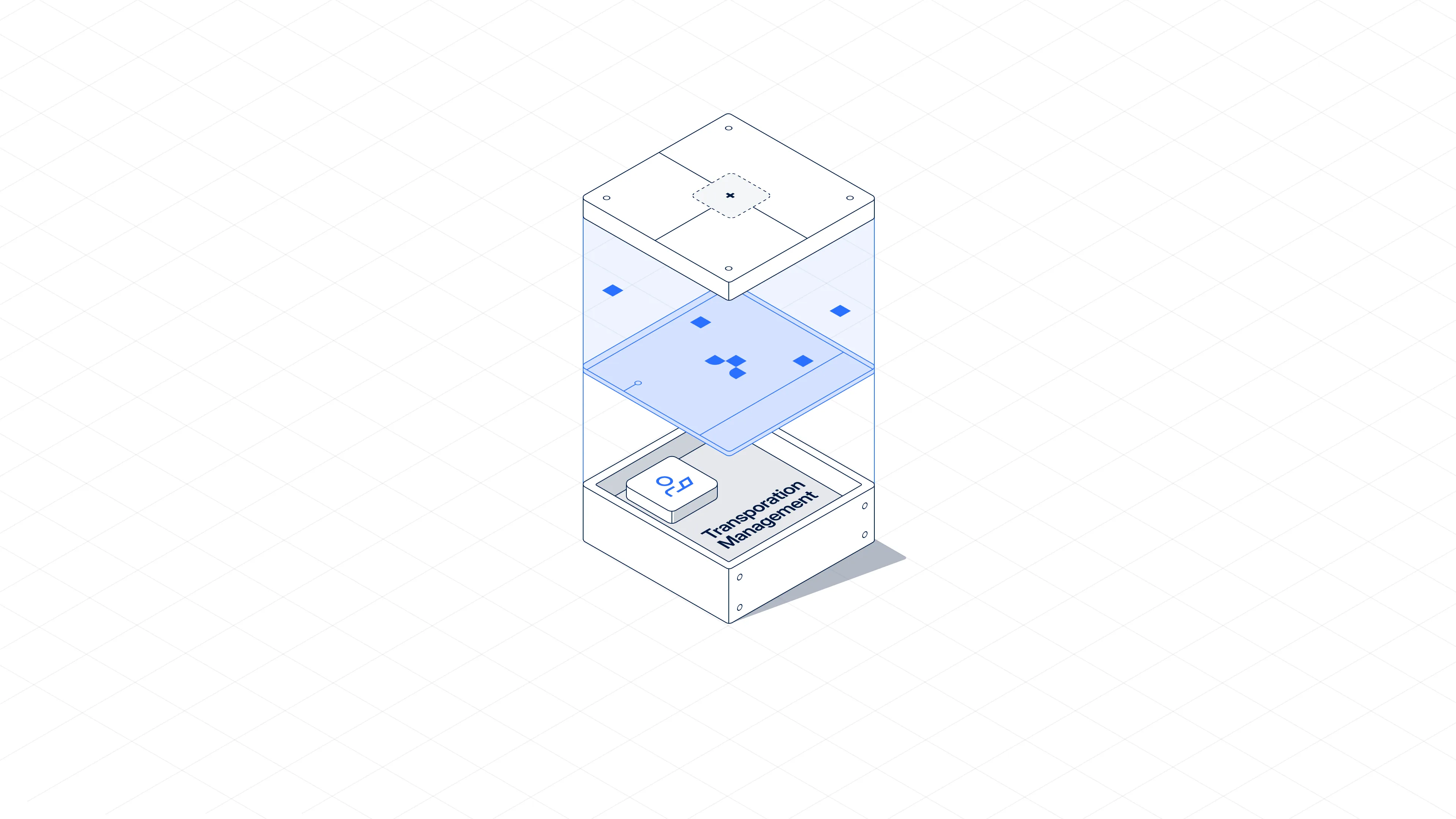 Isometric illustration of a cube with a control button labeled Transportation Management inside.