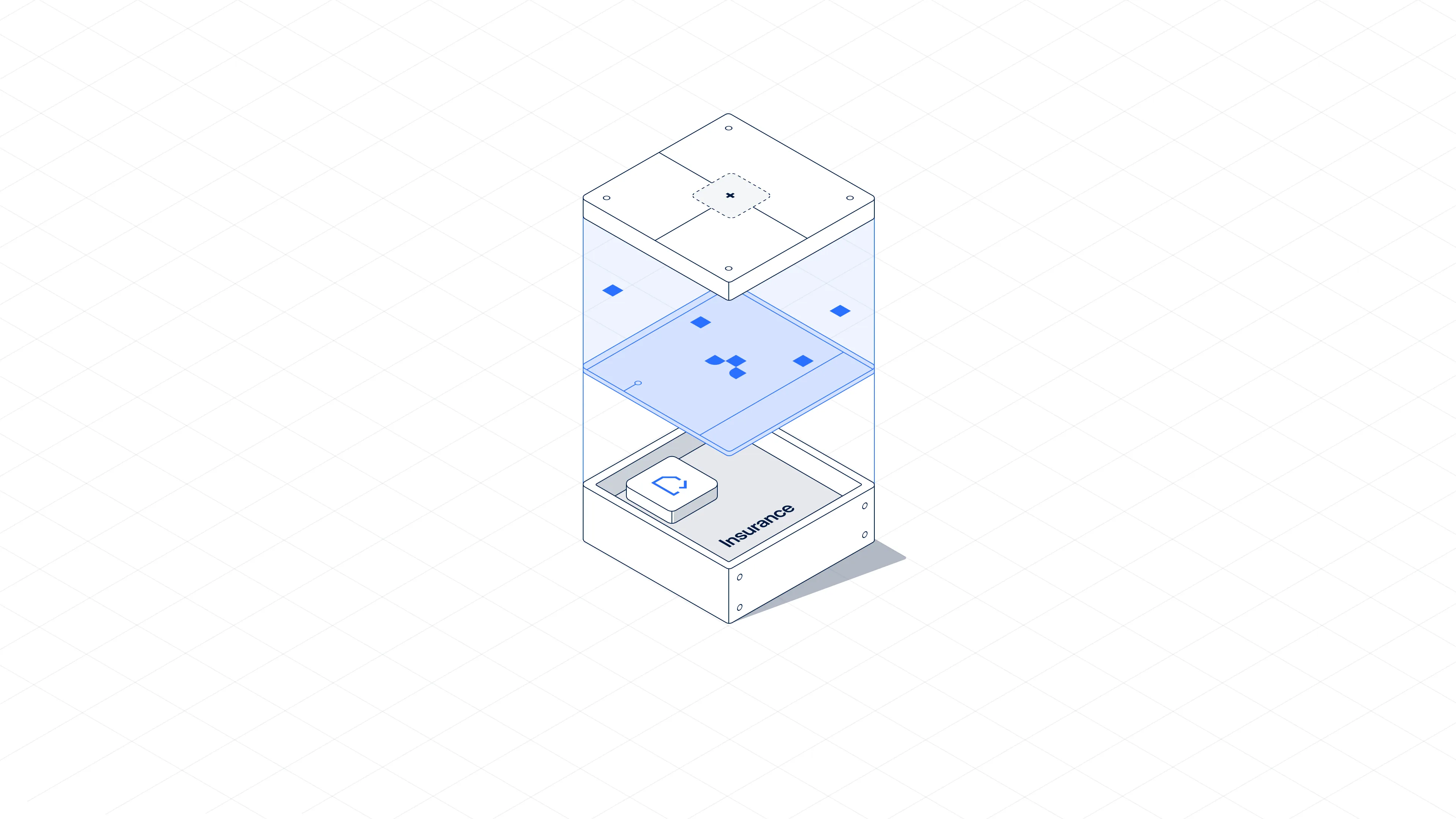 3D isometric illustration of a box labeled Insurance with a blue transparent layer and scattered blue diamonds.
