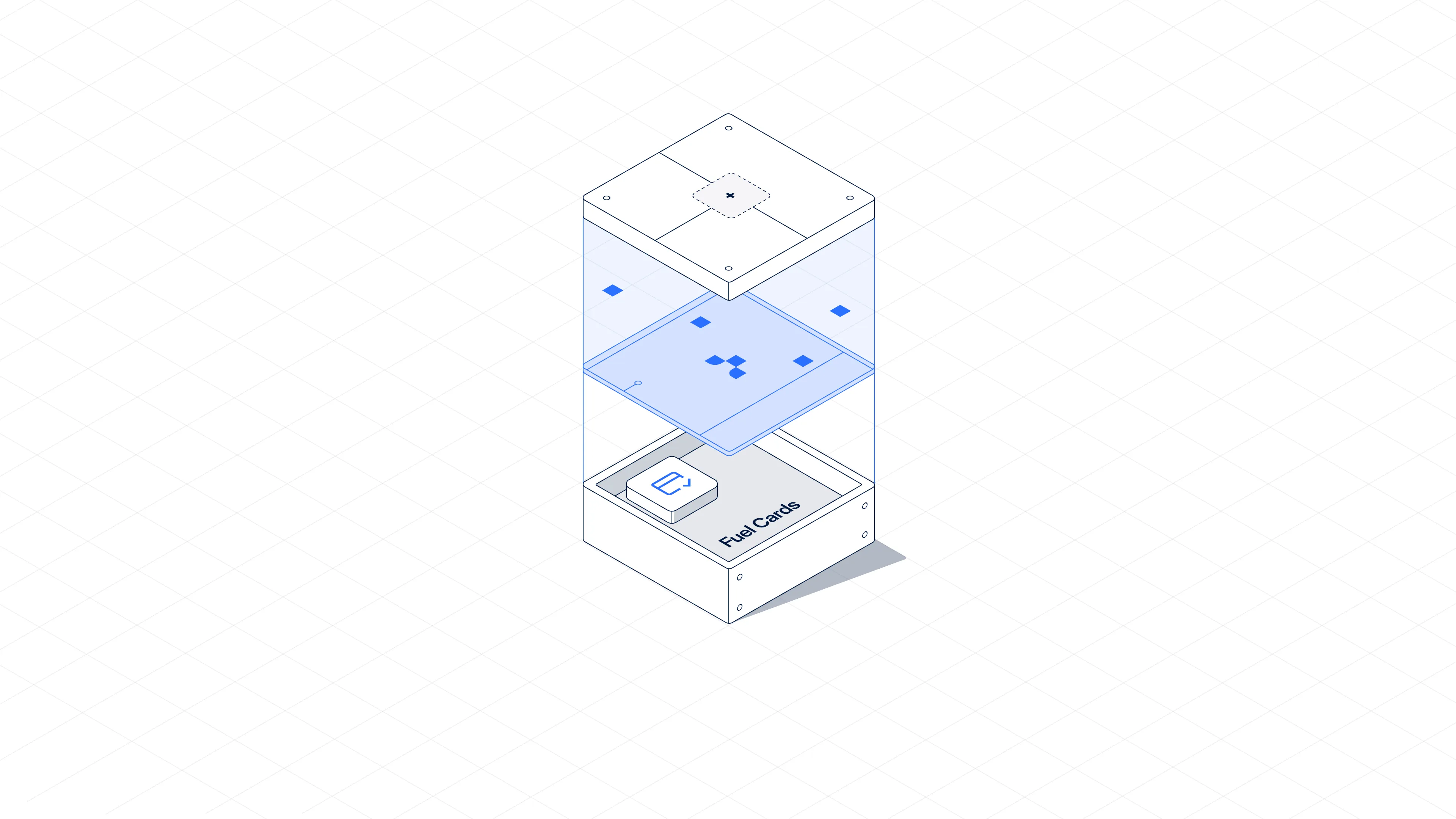 Isometric illustration of a fuel card inside a transparent layered box with digital elements.