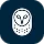 Simple white owl face icon with black eyes and beak on a dark blue background.