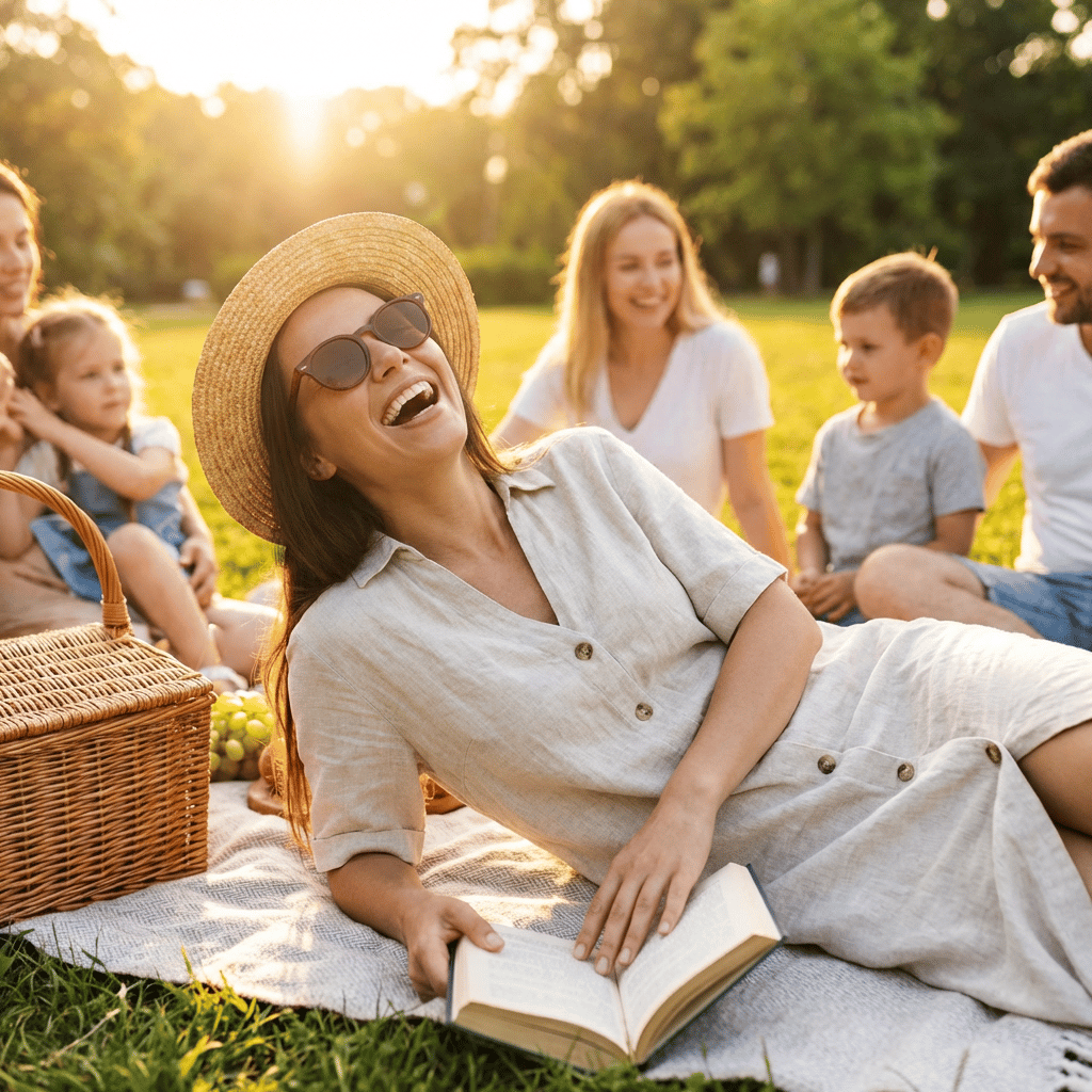 Woman wearing sunglasses and a straw hat laughing while lying on a picnic blanket with family in a sunny park.