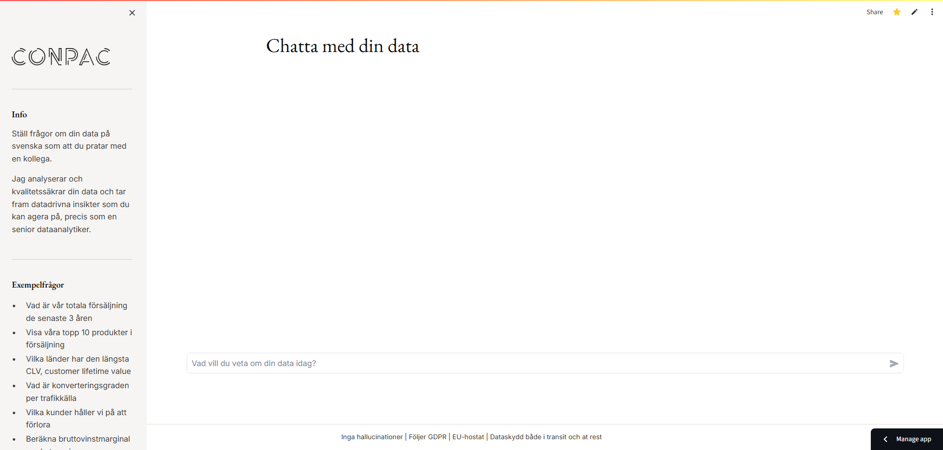 Chat interface with the heading 'Chatta med din data' and sidebar with info in Swedish about analyzing and securing data, plus example questions.