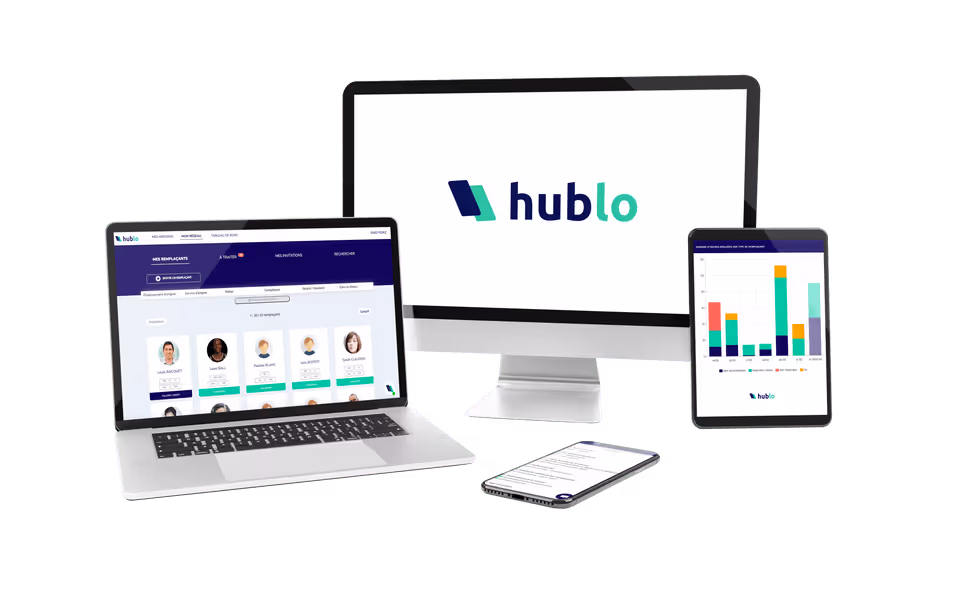 Mock-up de Hublo, outil de gestion des remplacements pour les établissements de santé.