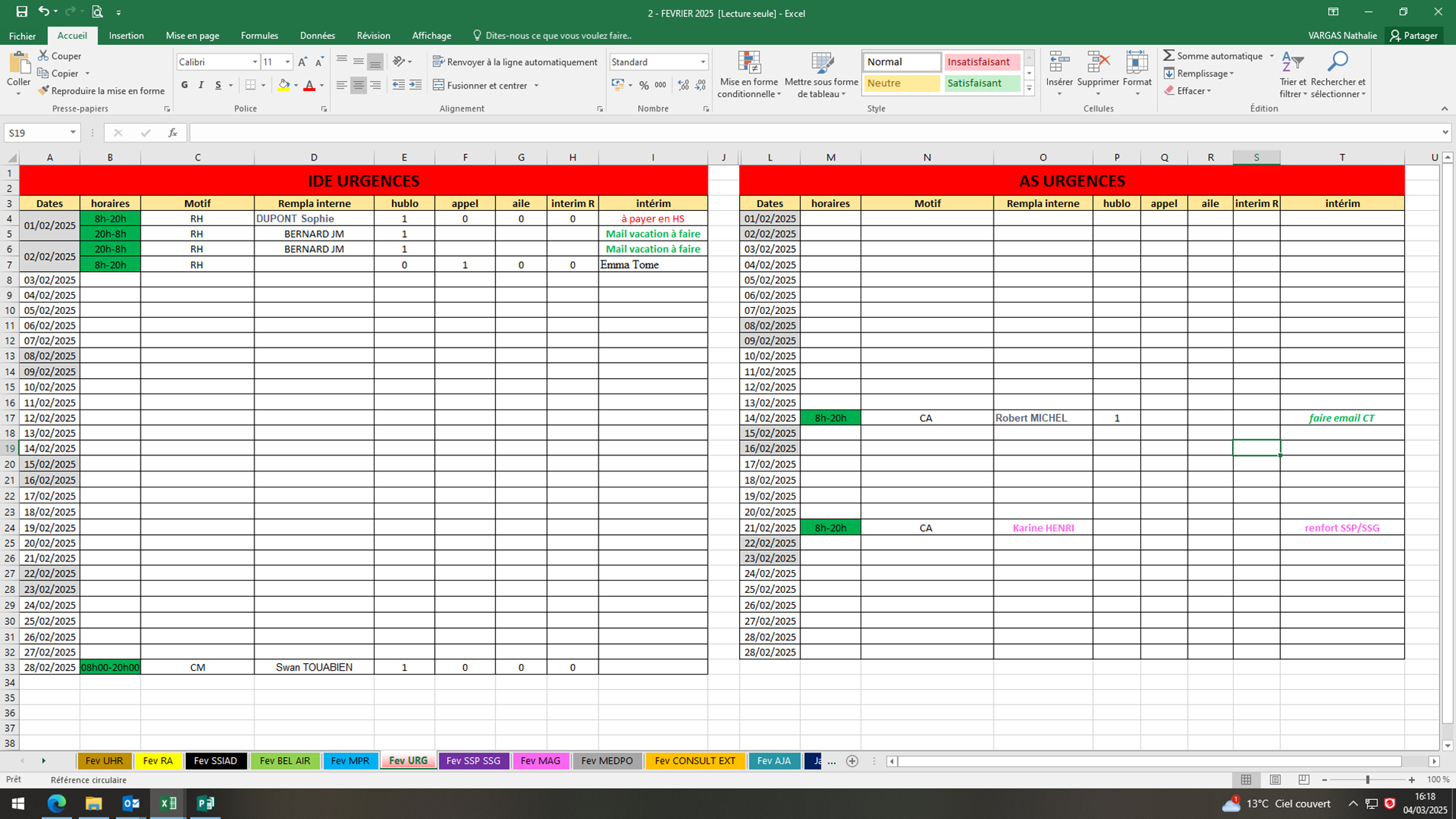 Tableau Excel de suivi des remplacements utilisé avant Hublo au CH d’Issoudun