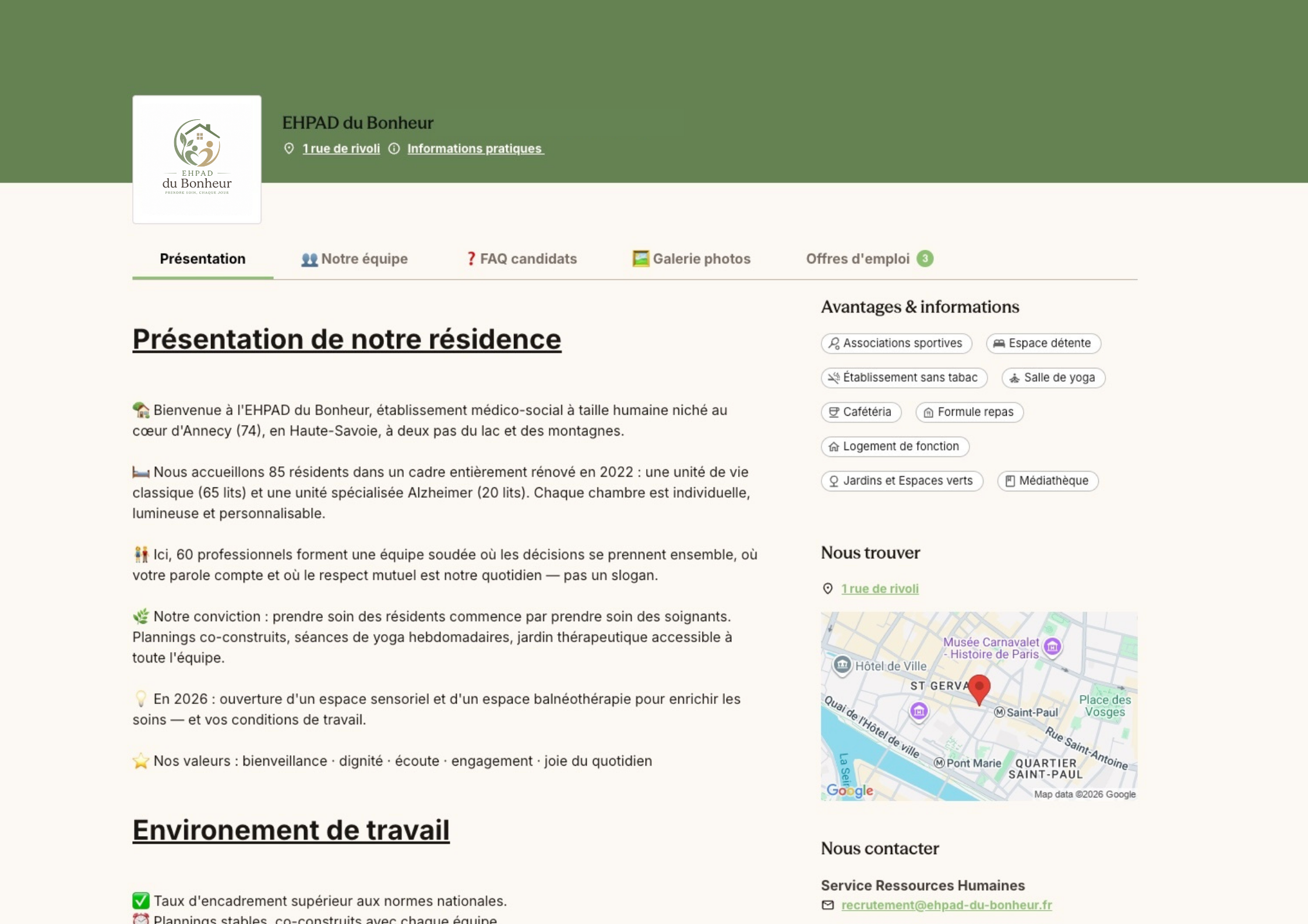 Site carrière d’un EHPAD créé avec Hublo Recrutement : présentation de la résidence et avantages