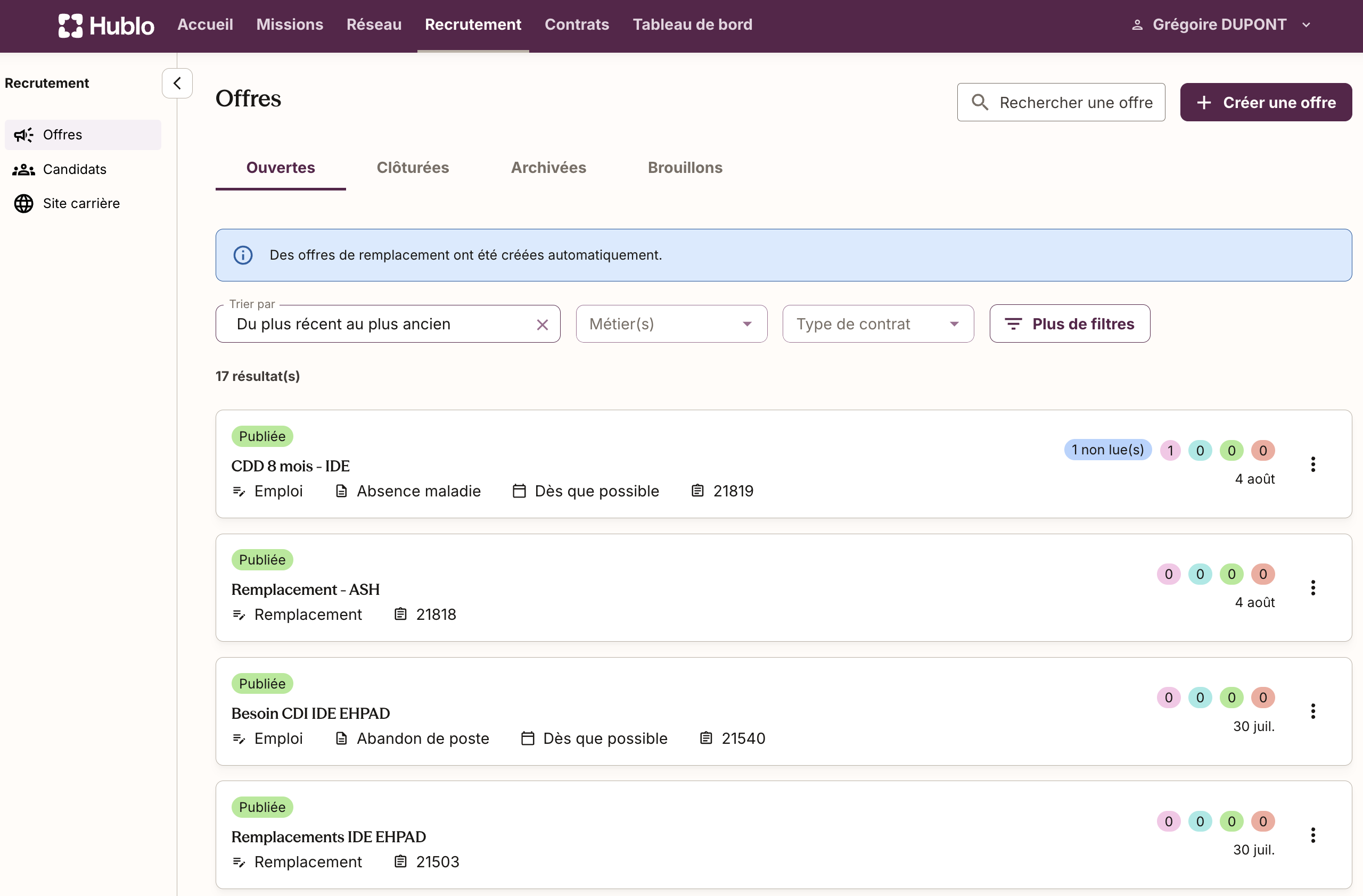 Interface Hublo Recrutement : liste des offres d’emploi et de remplacement publiées