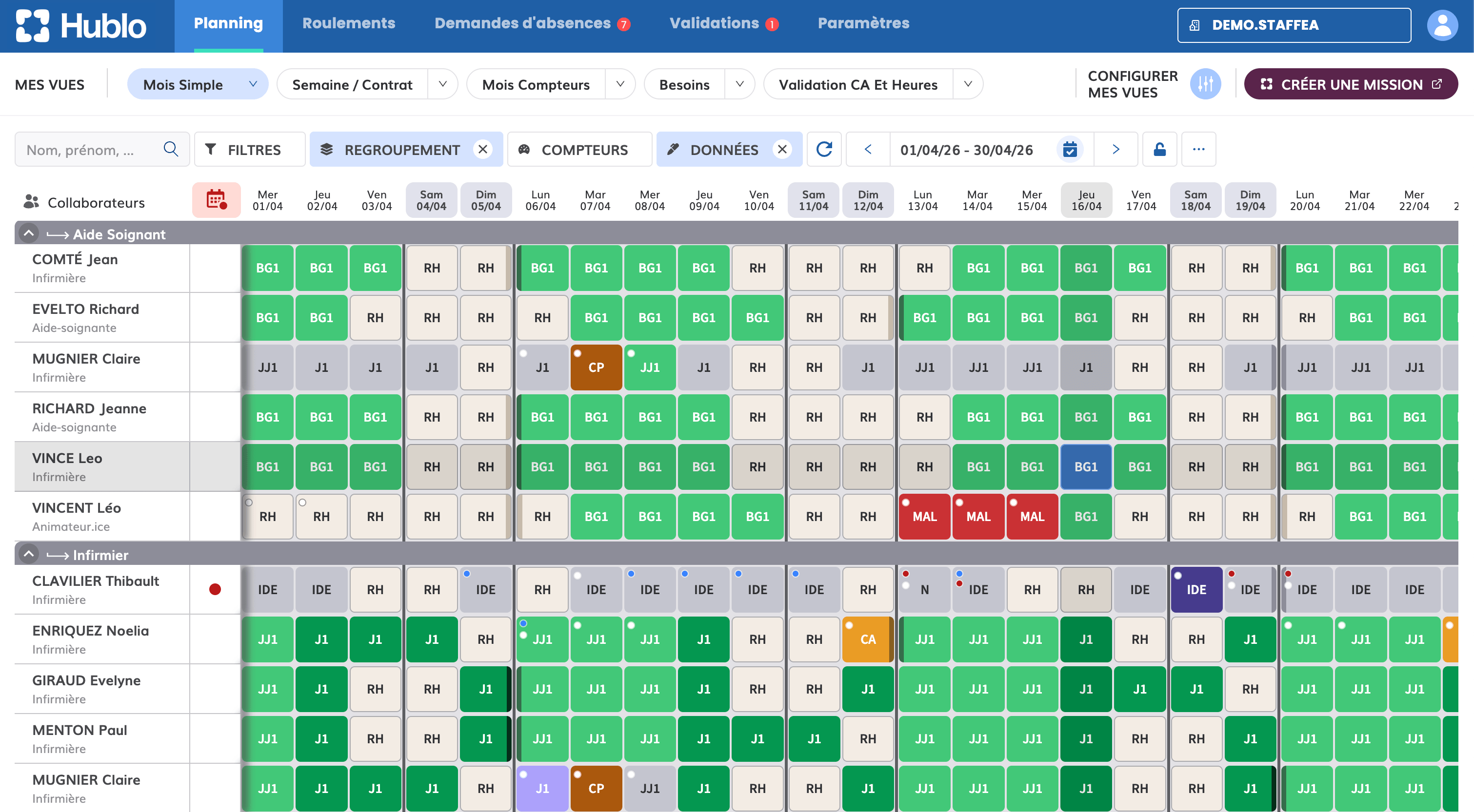 Interface Planning & GTA de Hublo : planning mensuel des aides-soignants et des infirmiers