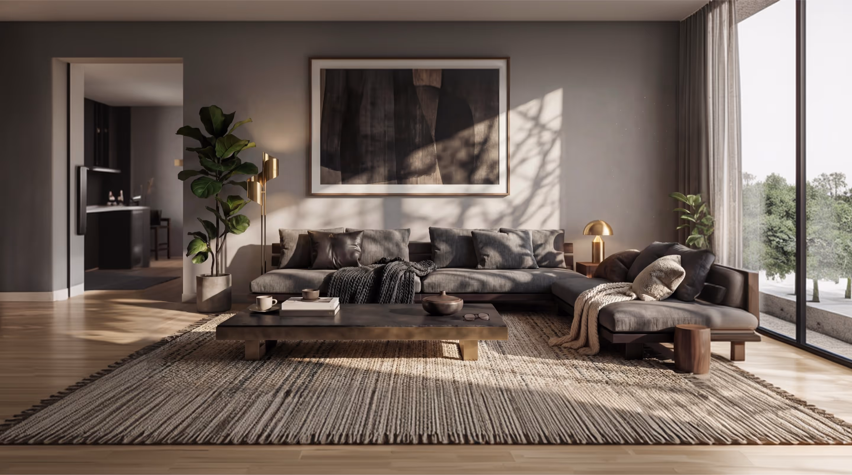 Modern living room with large gray sectional sofa, textured rug, low coffee table, potted plants, and abstract art on the wall.
