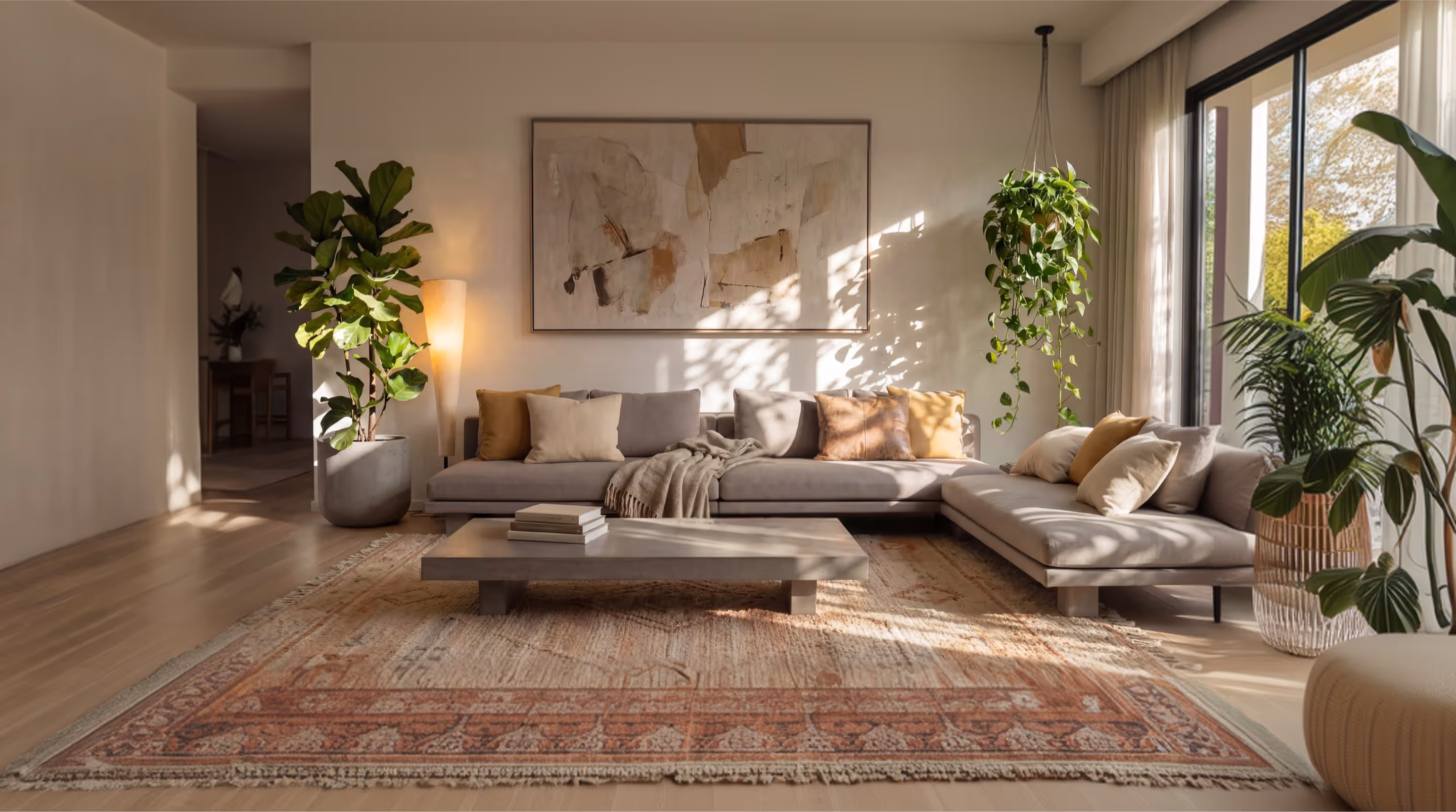 Modern living room with a large gray sectional sofa, earth-toned cushions, a low coffee table, hanging and potted plants, and abstract wall art.