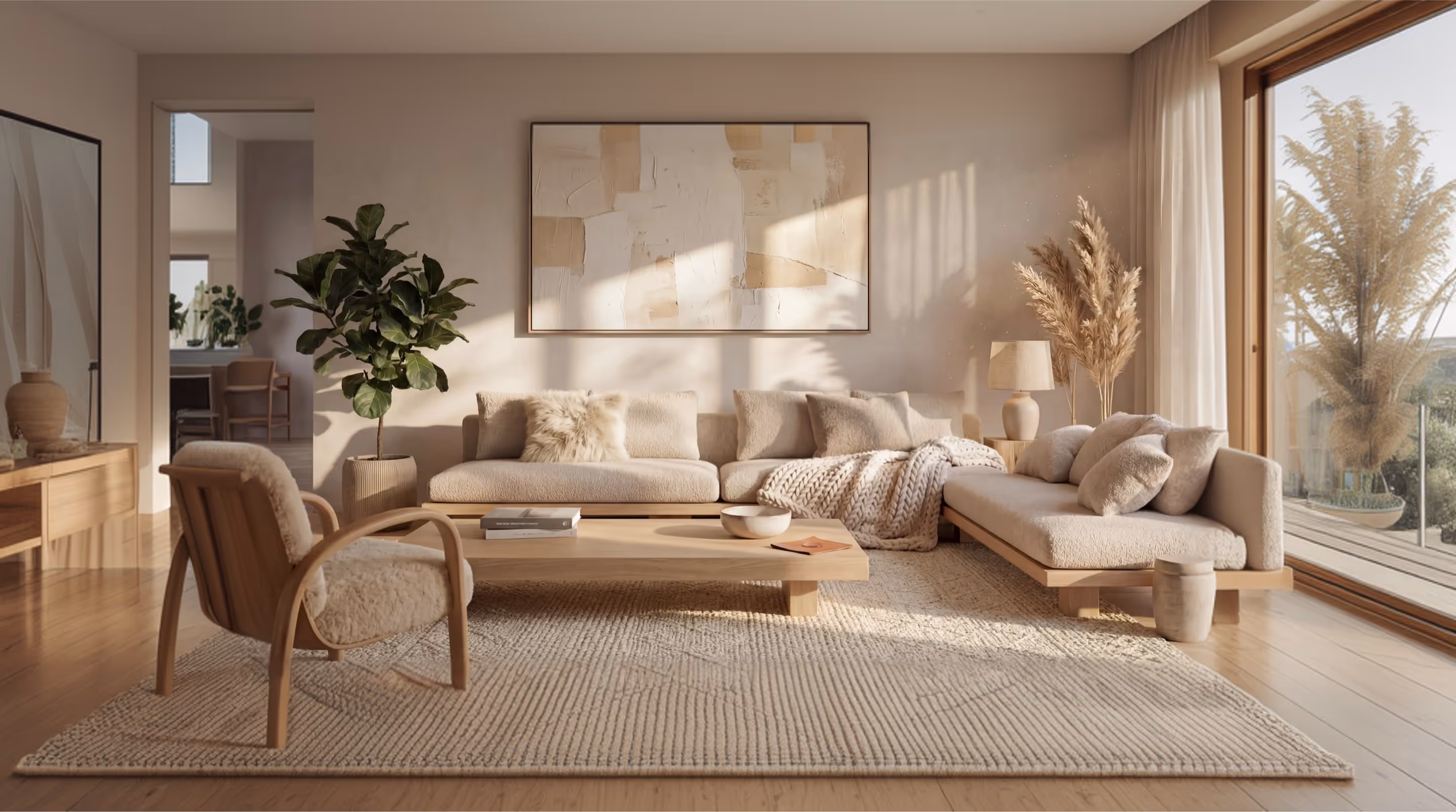 Modern living room with beige sectional sofa, wooden armchair, large textured rug, wood coffee table, and large window with pampas grass outside.