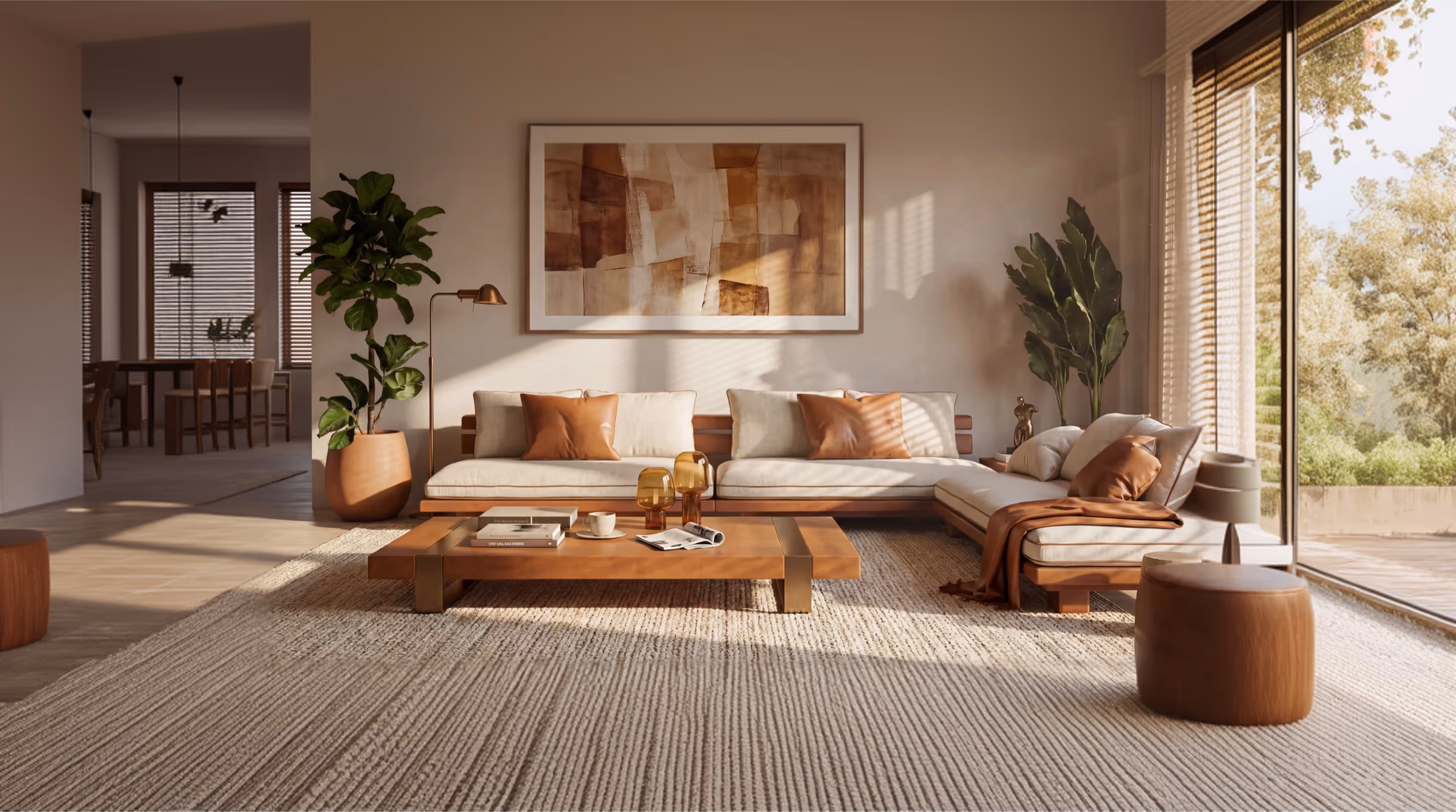 Modern living room with beige sectional sofa, wooden coffee table, abstract wall art, indoor plants, and large window with natural light.