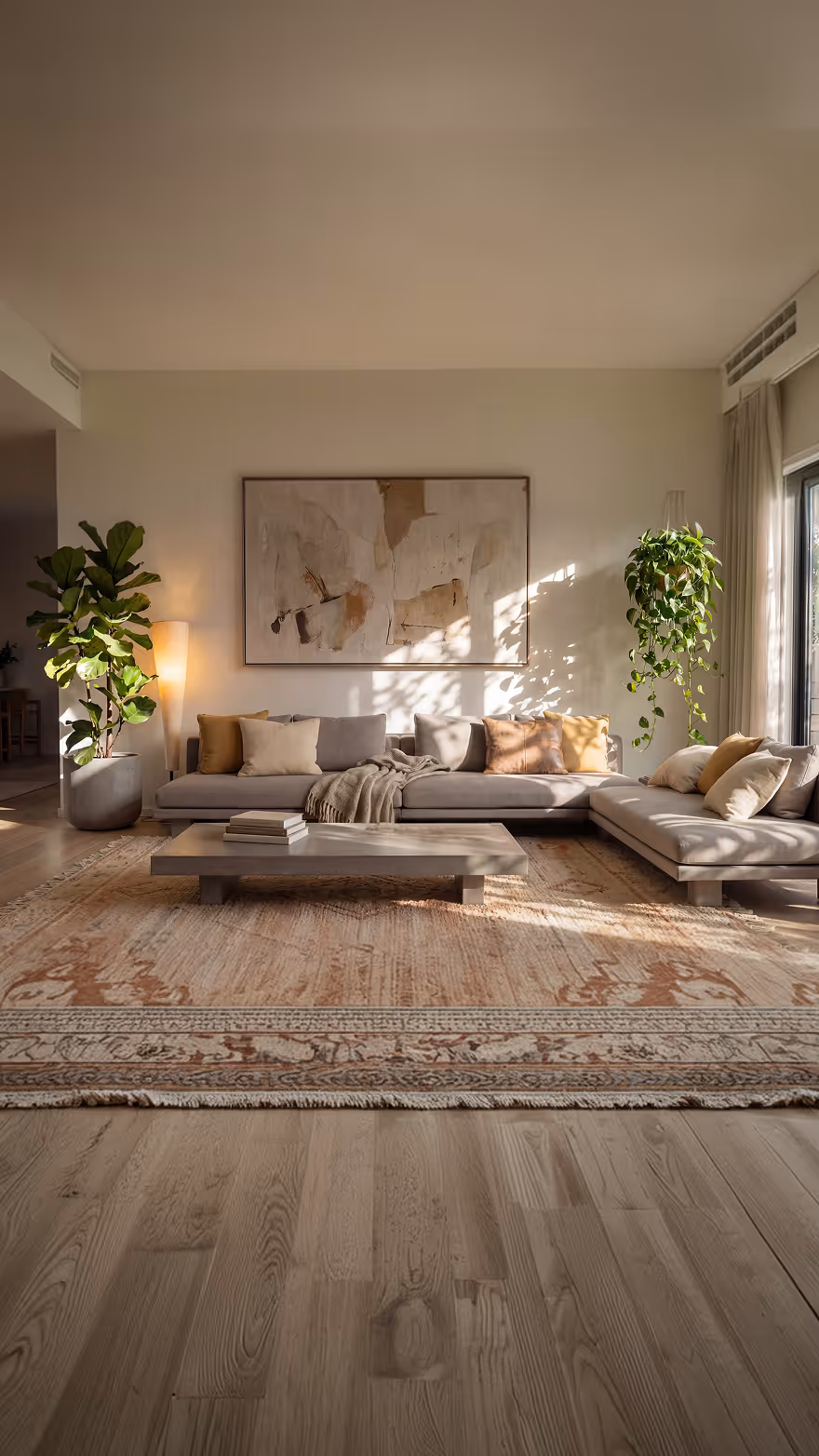 Modern living room with a neutral-toned L-shaped sofa adorned with beige and mustard cushions, a low rectangular coffee table, large abstract wall art, and potted plants, illuminated by natural sunlight.