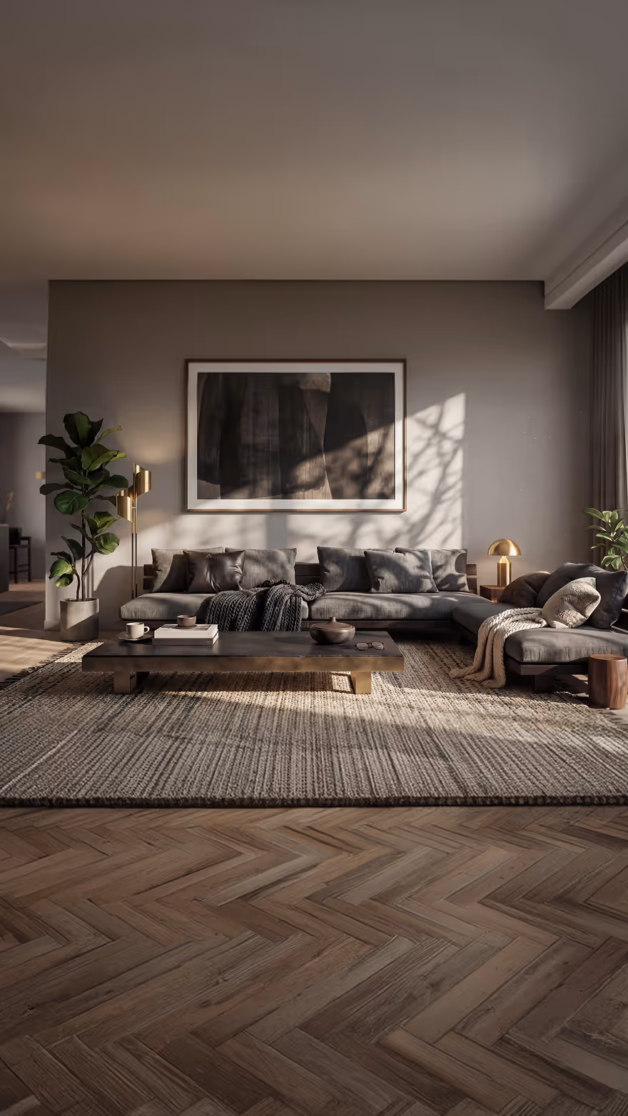 Modern living room with gray sectional sofa, low dark coffee table, large textured rug, indoor plants, and abstract wall art with sunlight casting shadows.