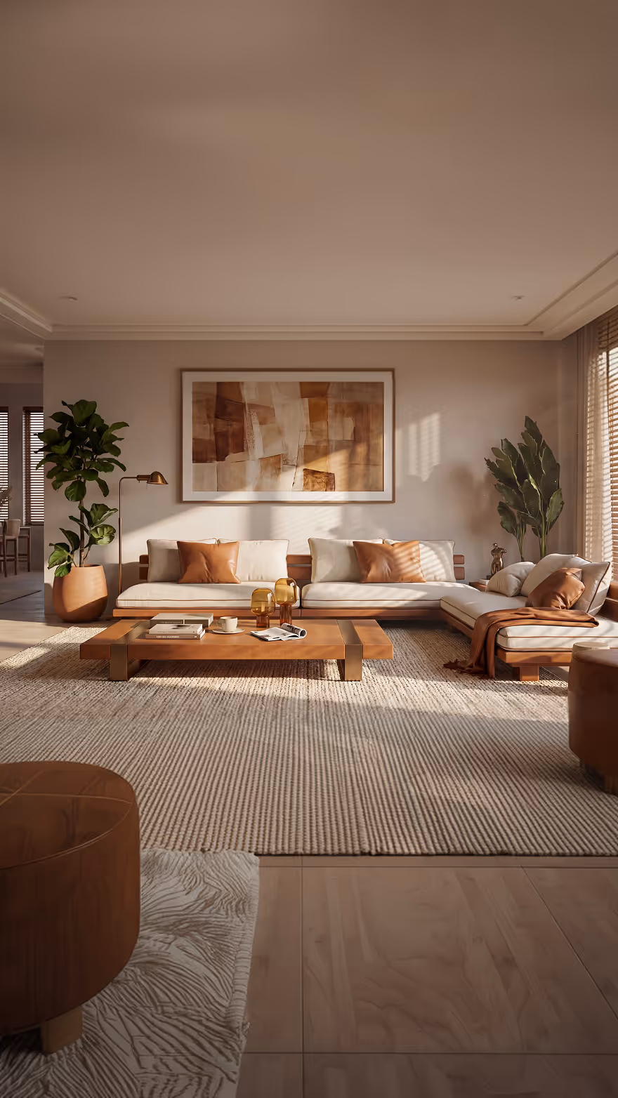 Modern living room with beige sectional sofa, wooden coffee table holding books and glassware, large textured rug, indoor plants, and abstract wall art.