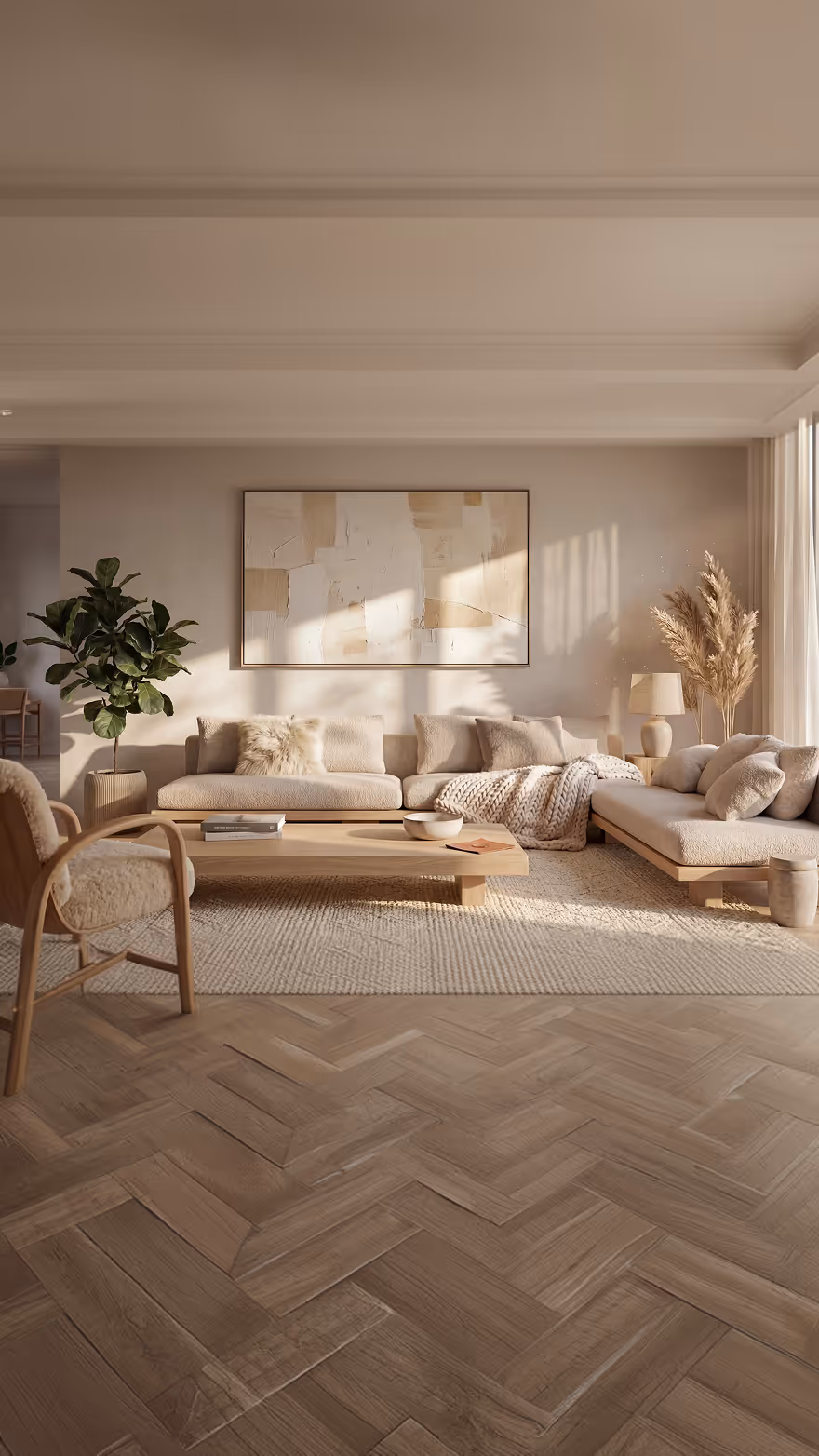 Modern beige living room with L-shaped sofas, wooden coffee table, textured rug, indoor plants, and abstract wall art.