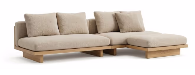 Modern beige sectional sofa with wooden base and four matching cushions.