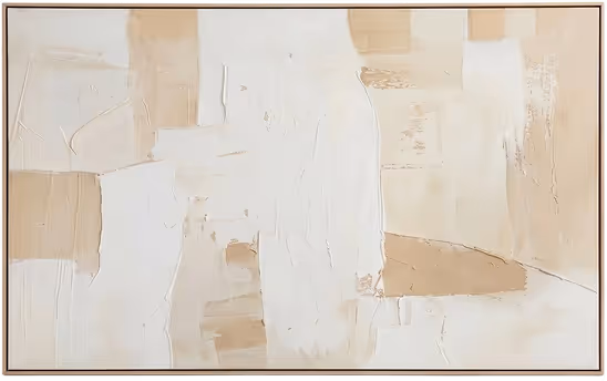 Abstract painting featuring textured, overlapping beige and off-white rectangular shapes.