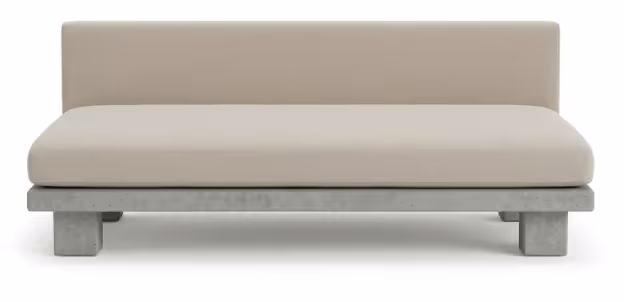 Minimalist beige sofa with a simple rectangular backrest and thick cushioned seat on a concrete base with block legs.