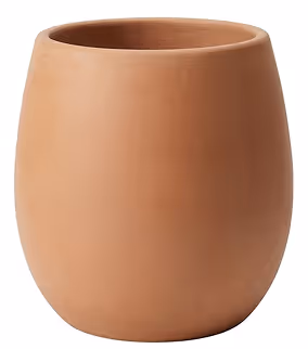 Smooth, rounded terracotta planter pot without visible decoration.