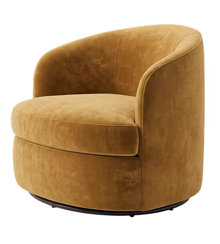 Plush mustard yellow swivel armchair with curved back and rounded seat cushion.