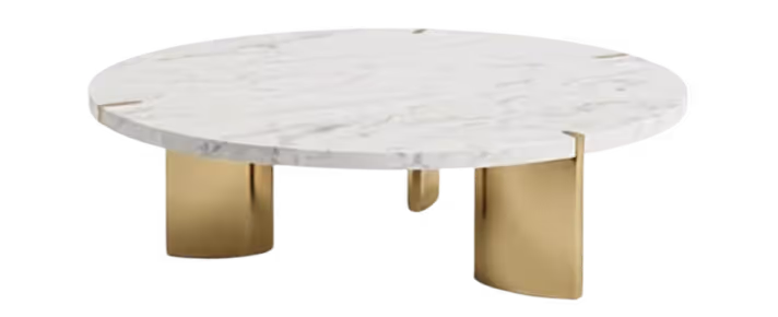 Round coffee table with a white marble top and three curved gold metal legs.