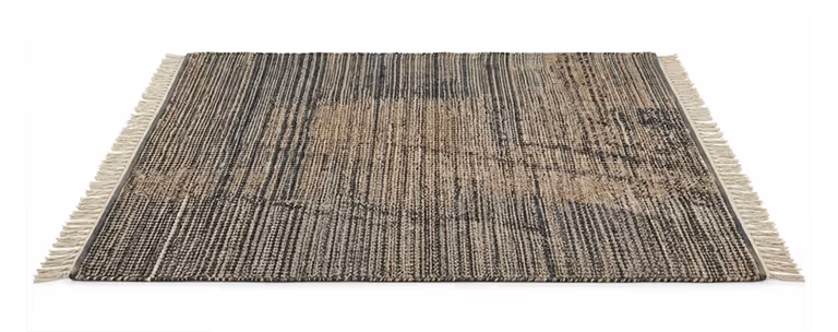 Rectangular rug with a textured pattern in shades of gray and beige, featuring fringes on the shorter ends.