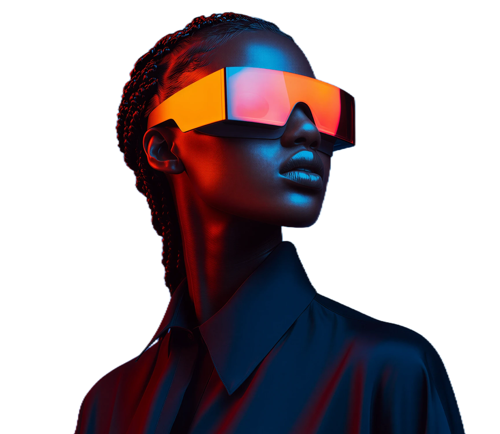 Portrait of a person with hair in a bun illuminated by vibrant blue, purple, and orange lighting on the face.