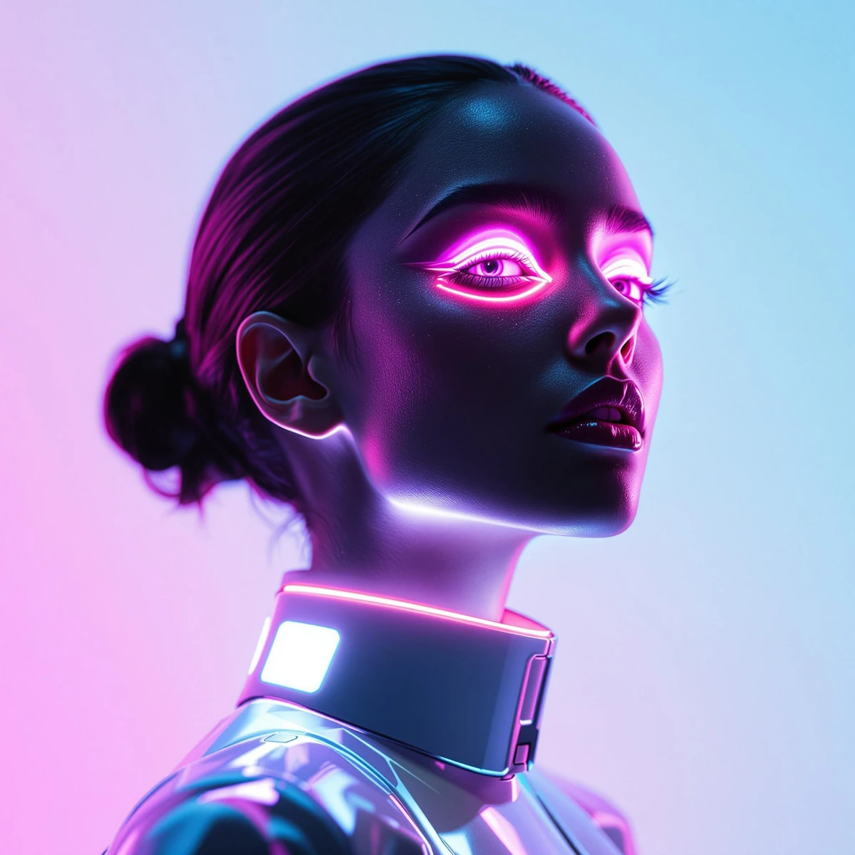 Futuristic woman with neon pink glowing accents around eyes and neck, wearing a reflective suit against a gradient purple-blue background.