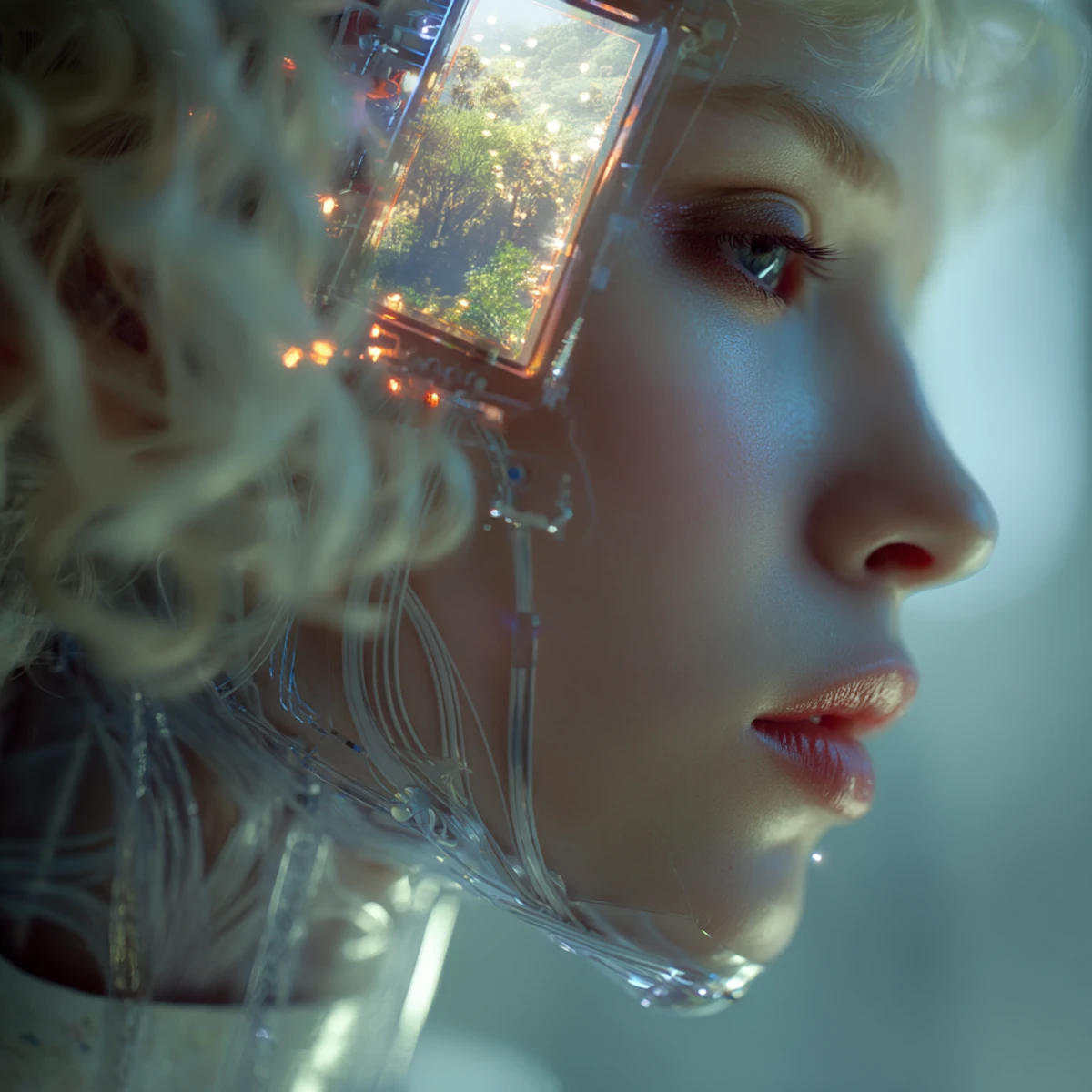Close-up profile of a young woman with curly blonde hair and a transparent futuristic headset displaying a forest scene.