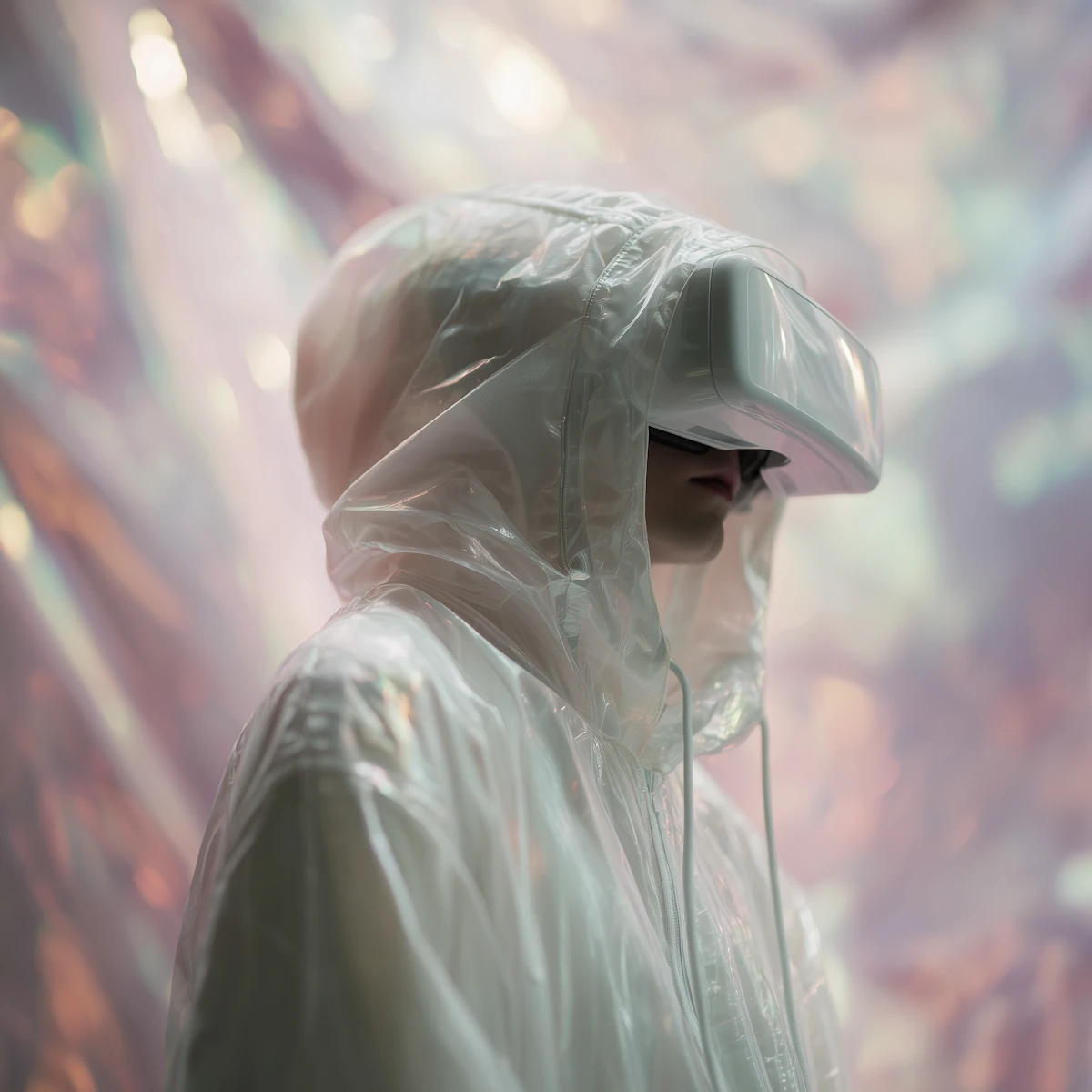 Person wearing a transparent hooded jacket and a white virtual reality headset against a blurred, colorful background.