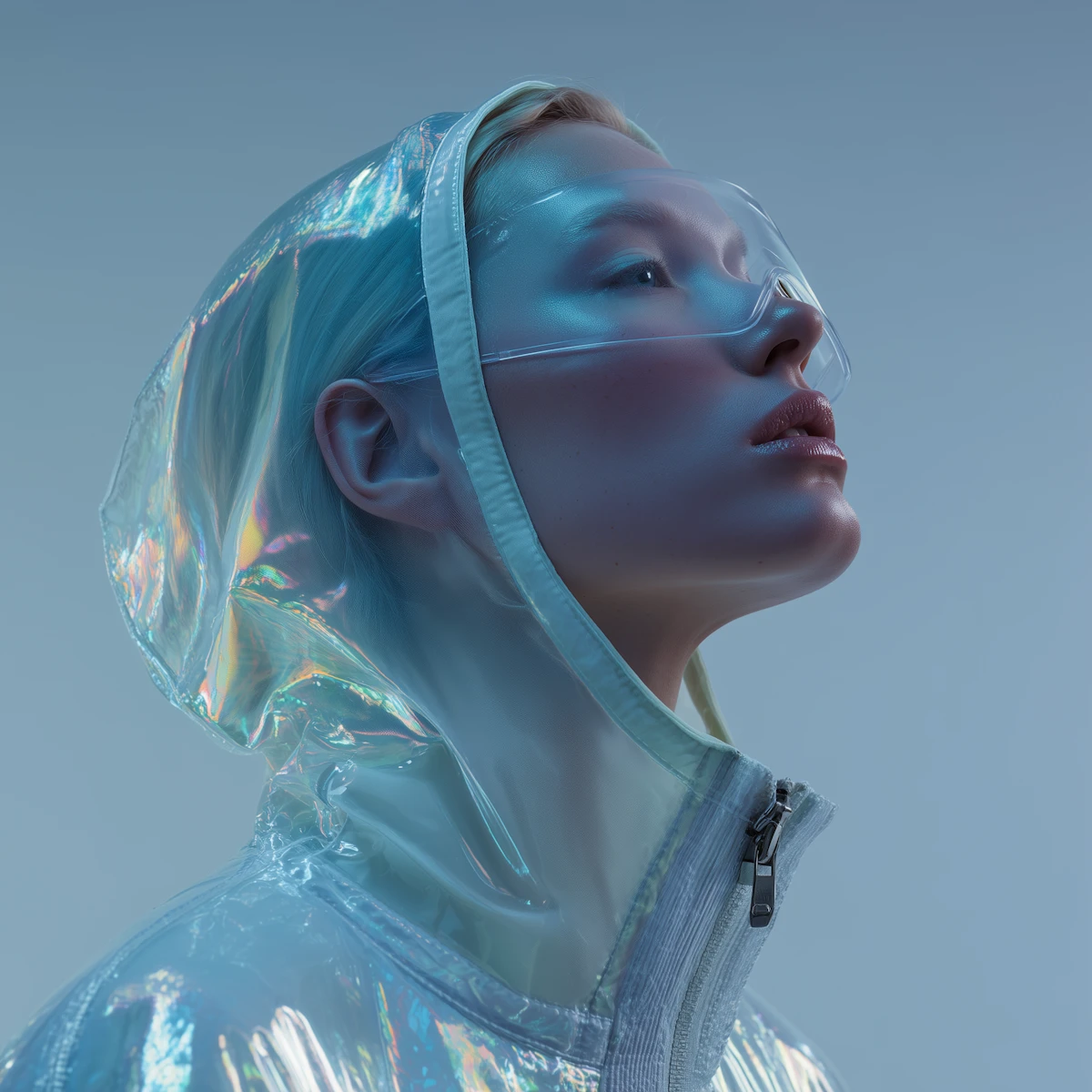 Profile of a woman wearing a translucent iridescent hooded jacket and clear protective glasses against a soft blue background.