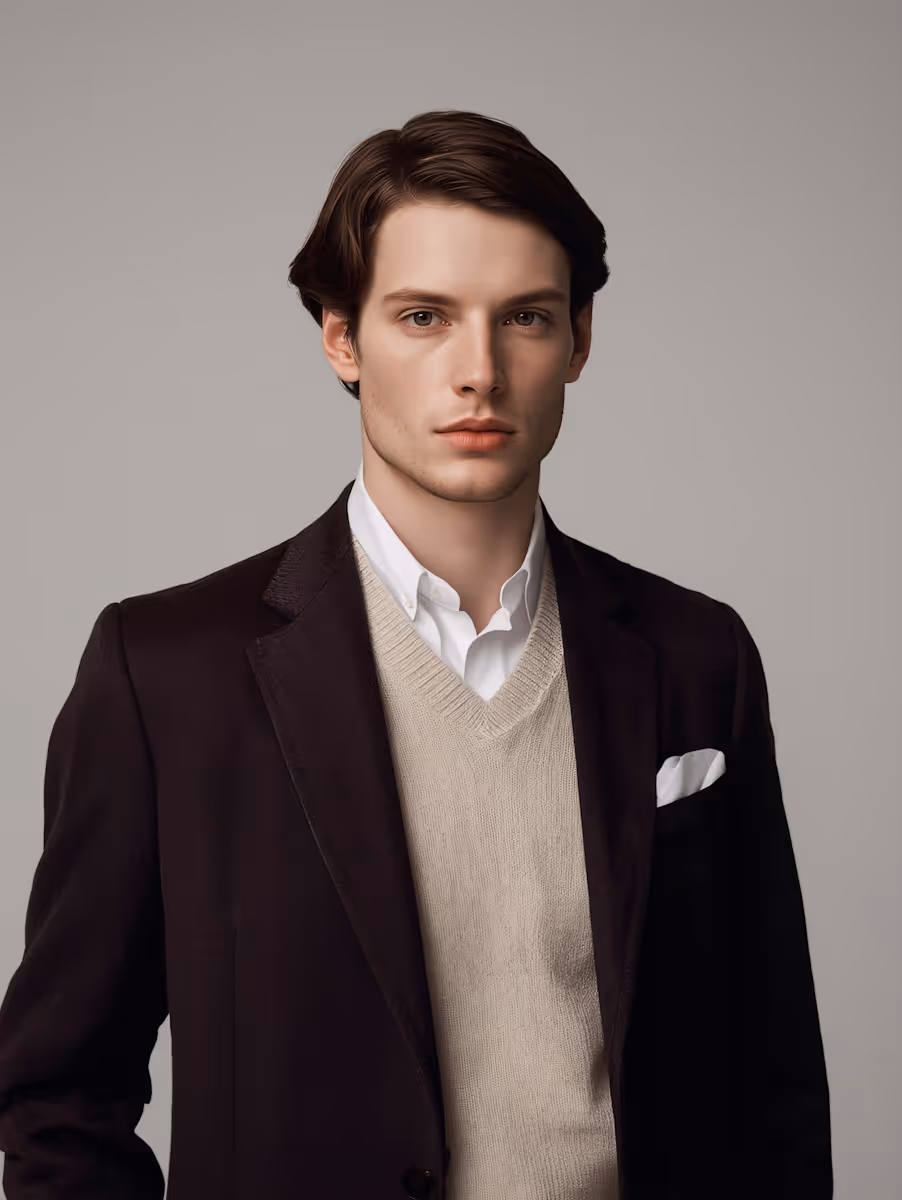 Young man with dark hair wearing a dark blazer over a beige sweater and white collared shirt, posing against a plain gray background.