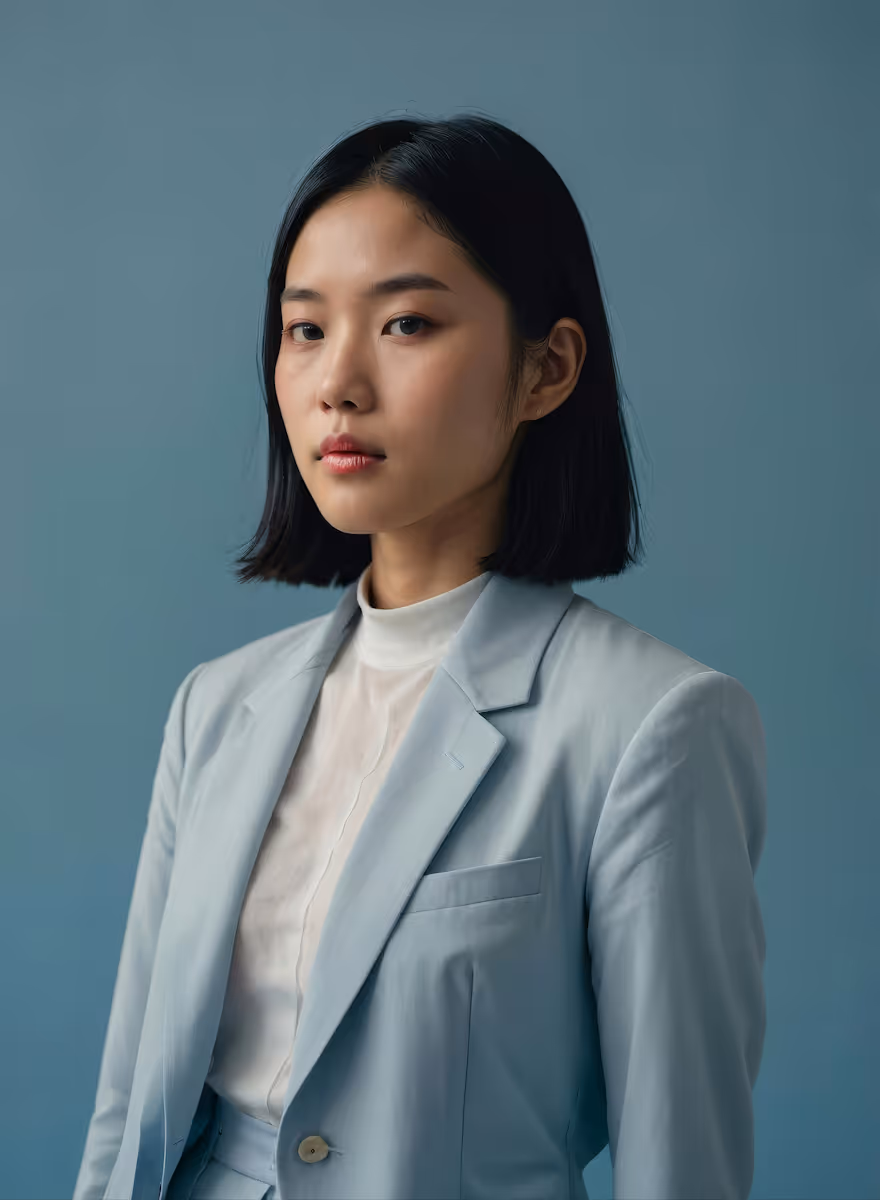 Young Asian woman with straight black hair wearing a light blue suit and white high-neck blouse against a muted blue background.