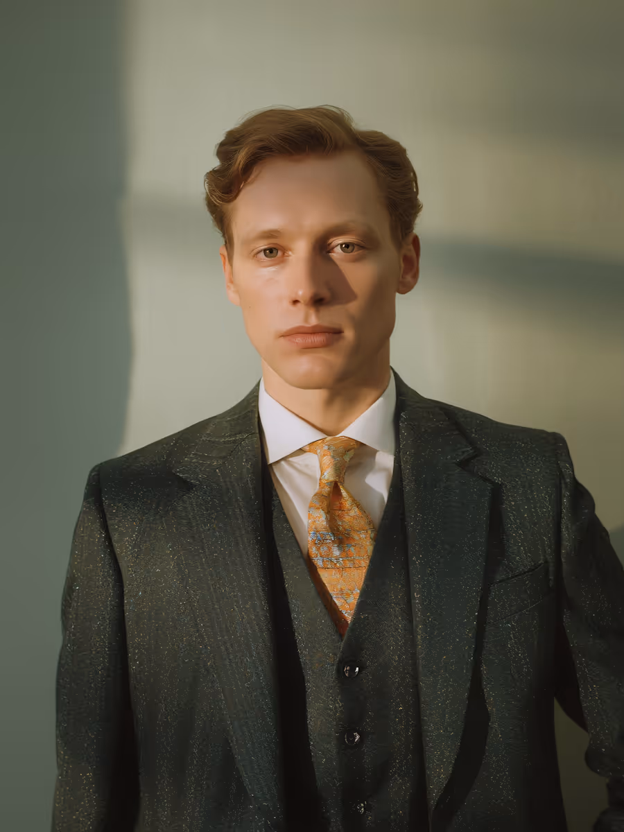 Young man with light brown hair wearing a dark green suit, white shirt, and patterned orange tie.