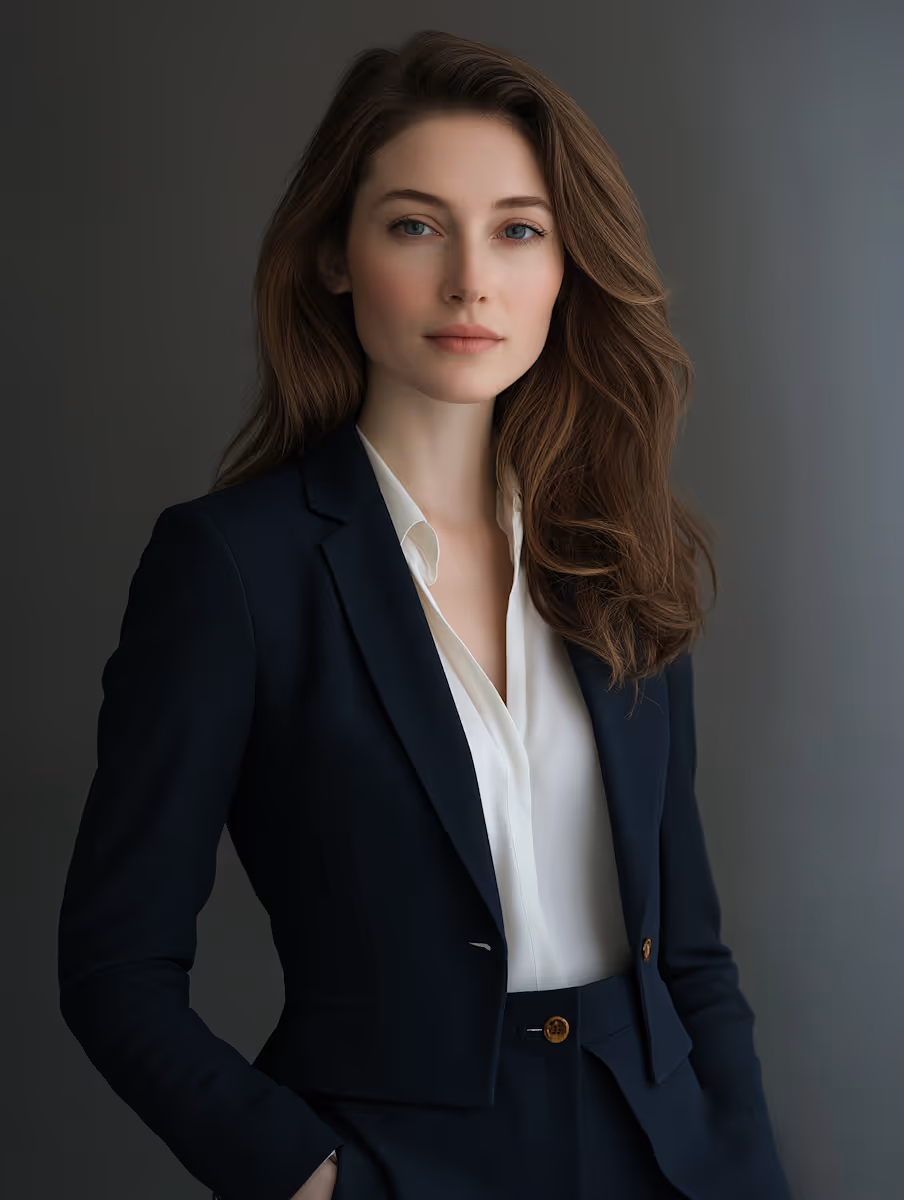 Professional woman with long wavy brown hair wearing a dark blazer and white blouse against a dark background.