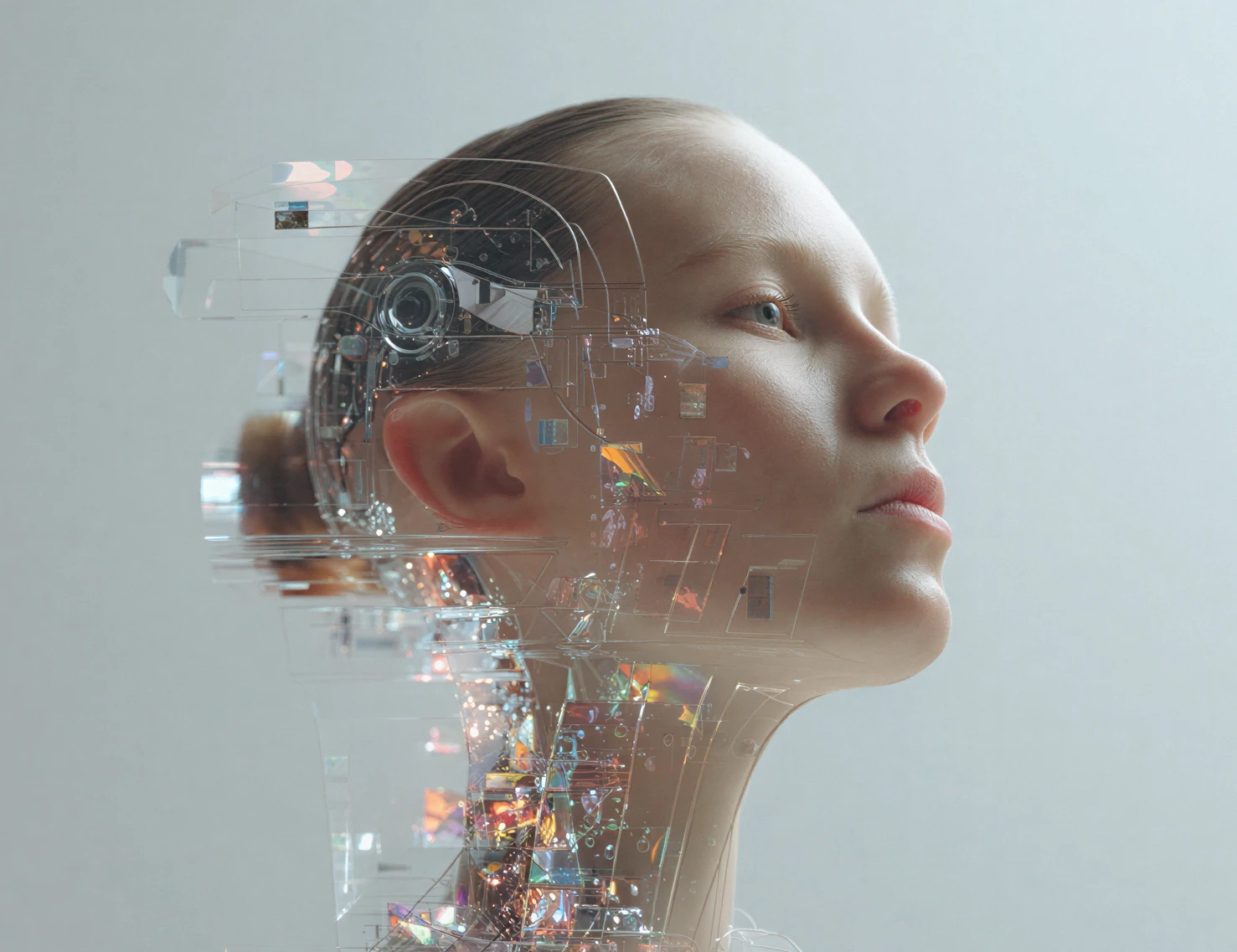 Profile of a young woman with translucent, futuristic cybernetic enhancements revealing inner mechanical components.